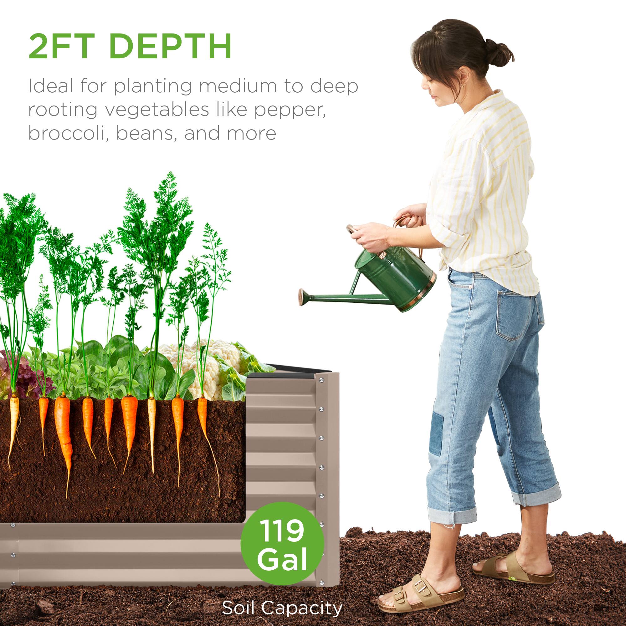 2FT DEPTH  
Ideal for planting medium to deep rooting vegetables like pepper, broccoli, beans, and more  

119 Gal  
Soil Capacity