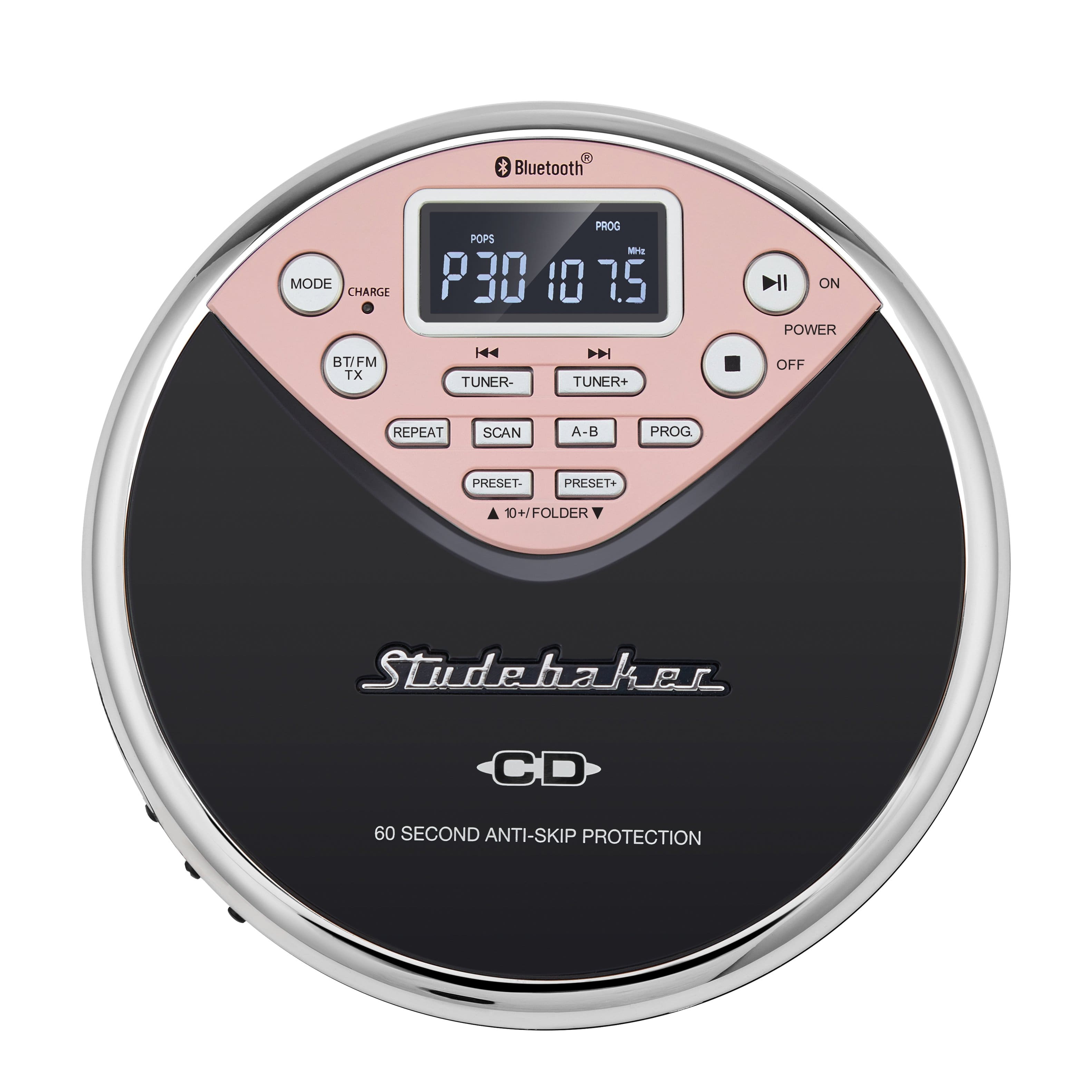 Studebaker - SB3706 Portable Bluetooth MP3 CD Player - Black/Pink - Front_Zoom