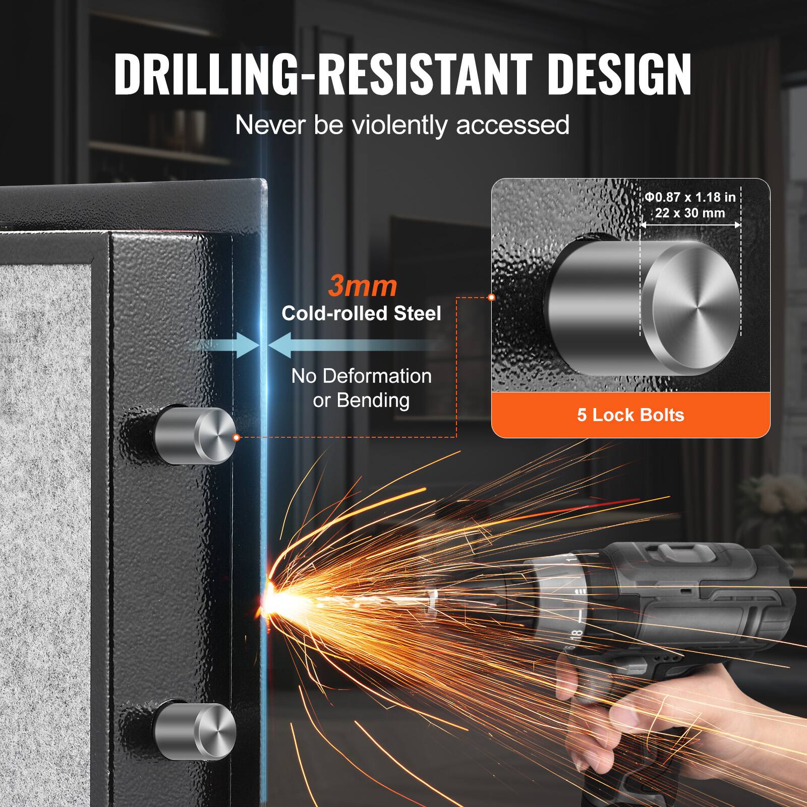 DRILLING-RESISTANT DESIGN Never be violently accessed 0.87 x 1.18 in 22 x 30 mm 3mm Cold-rolled Steel No Deformation or Bending 5 Lock Bolts