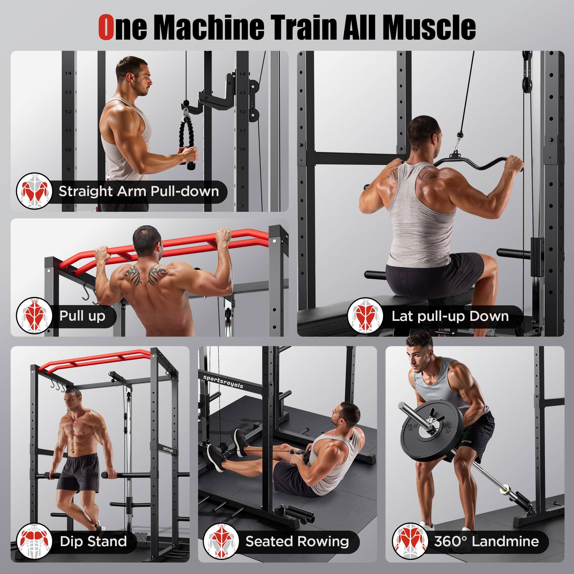 One Machine Train All Muscle

- Straight Arm Pull-down
- Pull up
- Lat pull-up Down
- Dip Stand
- Seated Rowing
- 360° Landmine