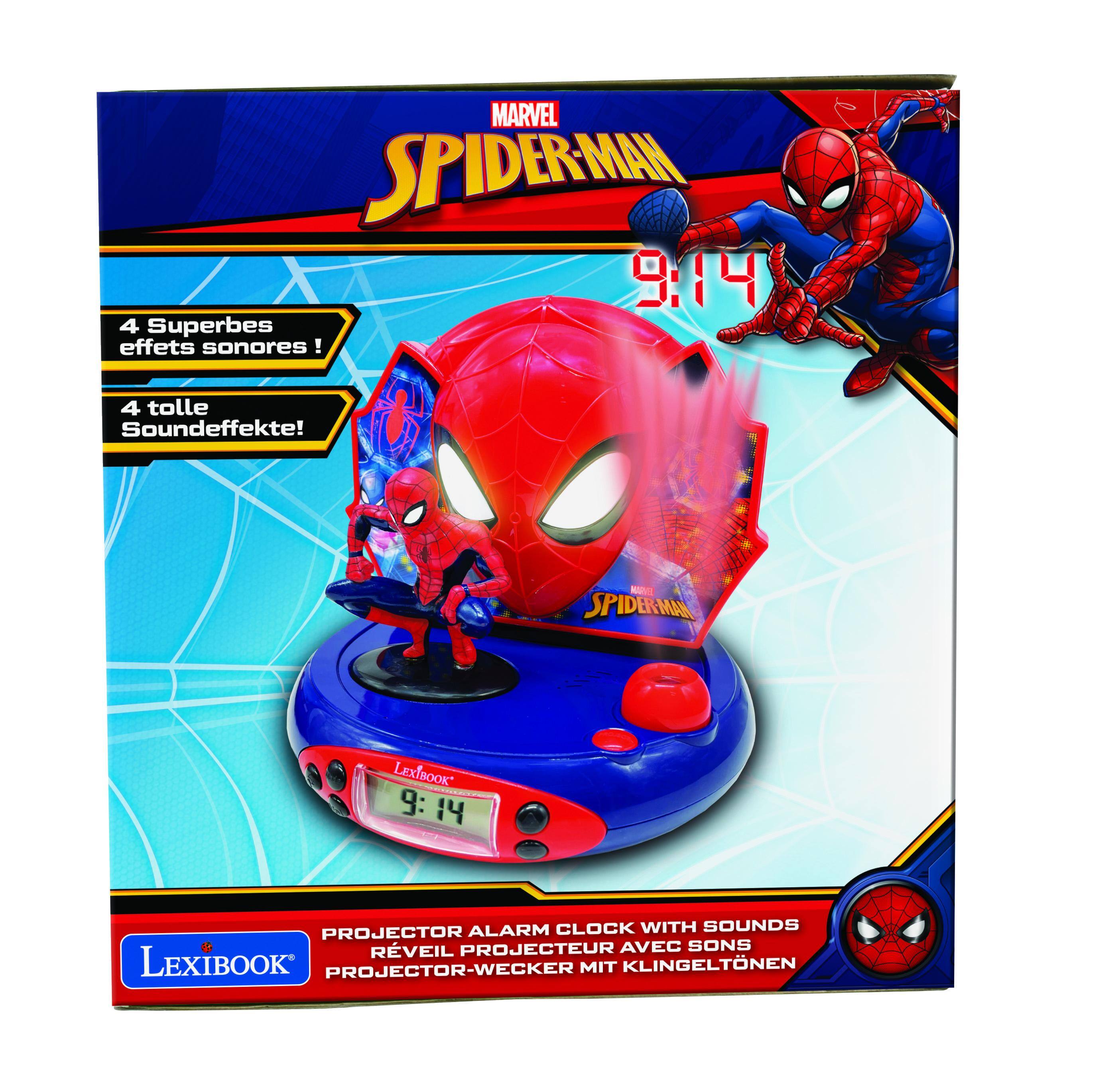 MARVEL SPIDERMAN 9:14  
4 Superbes effets sonores!  
4 tolle Soundeffekte!  
- SPIDERMAN LEXTBOOK  
9:14 PROJECTOR ALARM CLOCK WITH SOUNDS  
RVEIL PROJECTEUR AVEC SONS  
LEXIBOOK PROJECTOR-WECKER MIT KLINGELTONEN