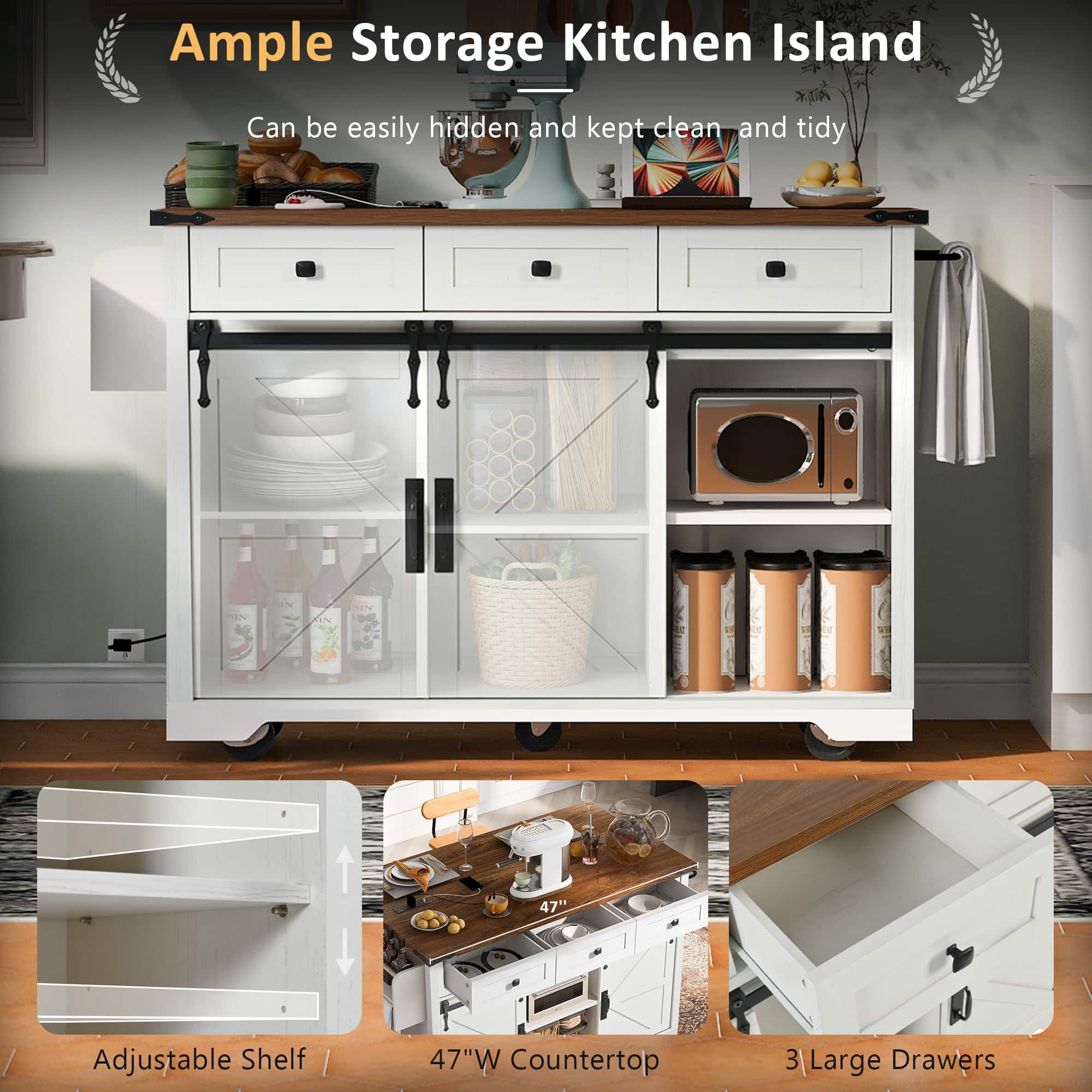 Ample Storage Kitchen Island
Can be easily hidden and kept clean and tidy
Adjustable Shelf
47"W Countertop
3 Large Drawers