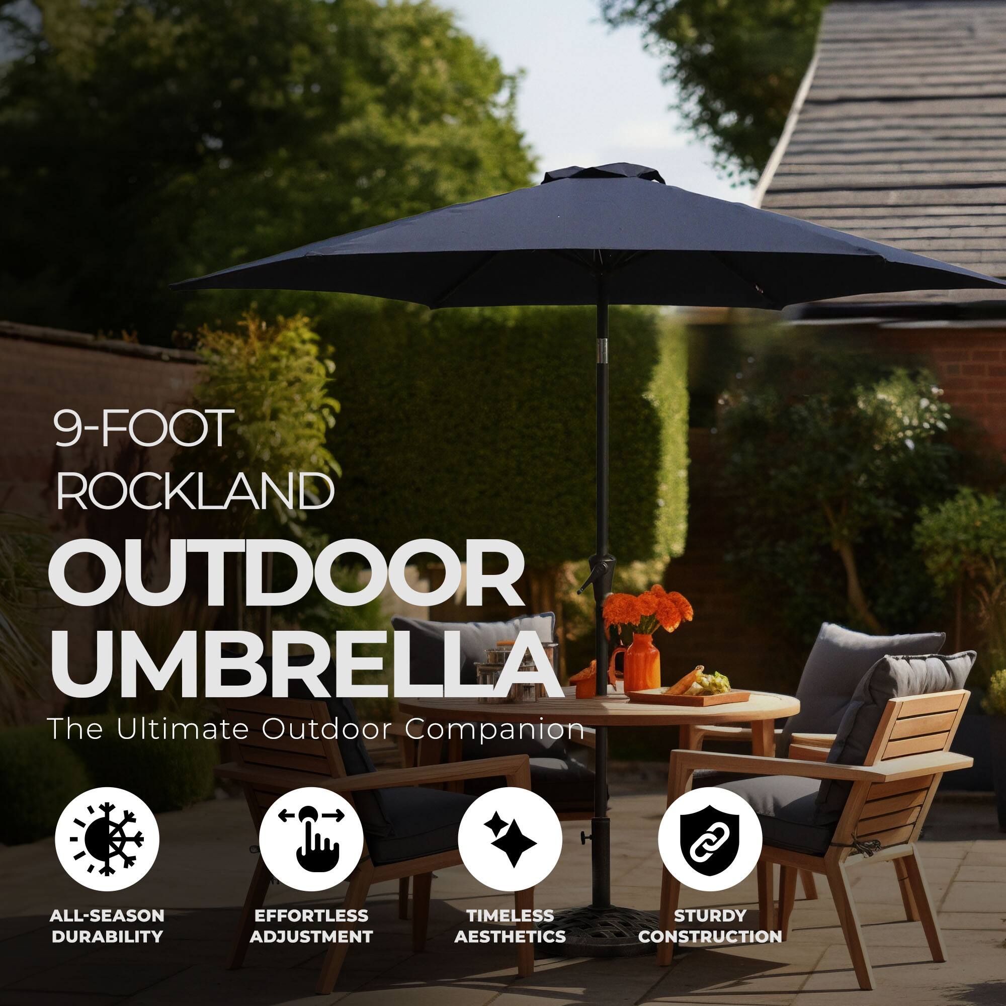 9-FOOT ROCKLAND OUTDOOR UMBRELLA  
The Ultimate Outdoor Companion  

ALL-SEASON DURABILITY  
EFFORTLESS ADJUSTMENT  
TIMELESS AESTHETICS  
STURDY CONSTRUCTION