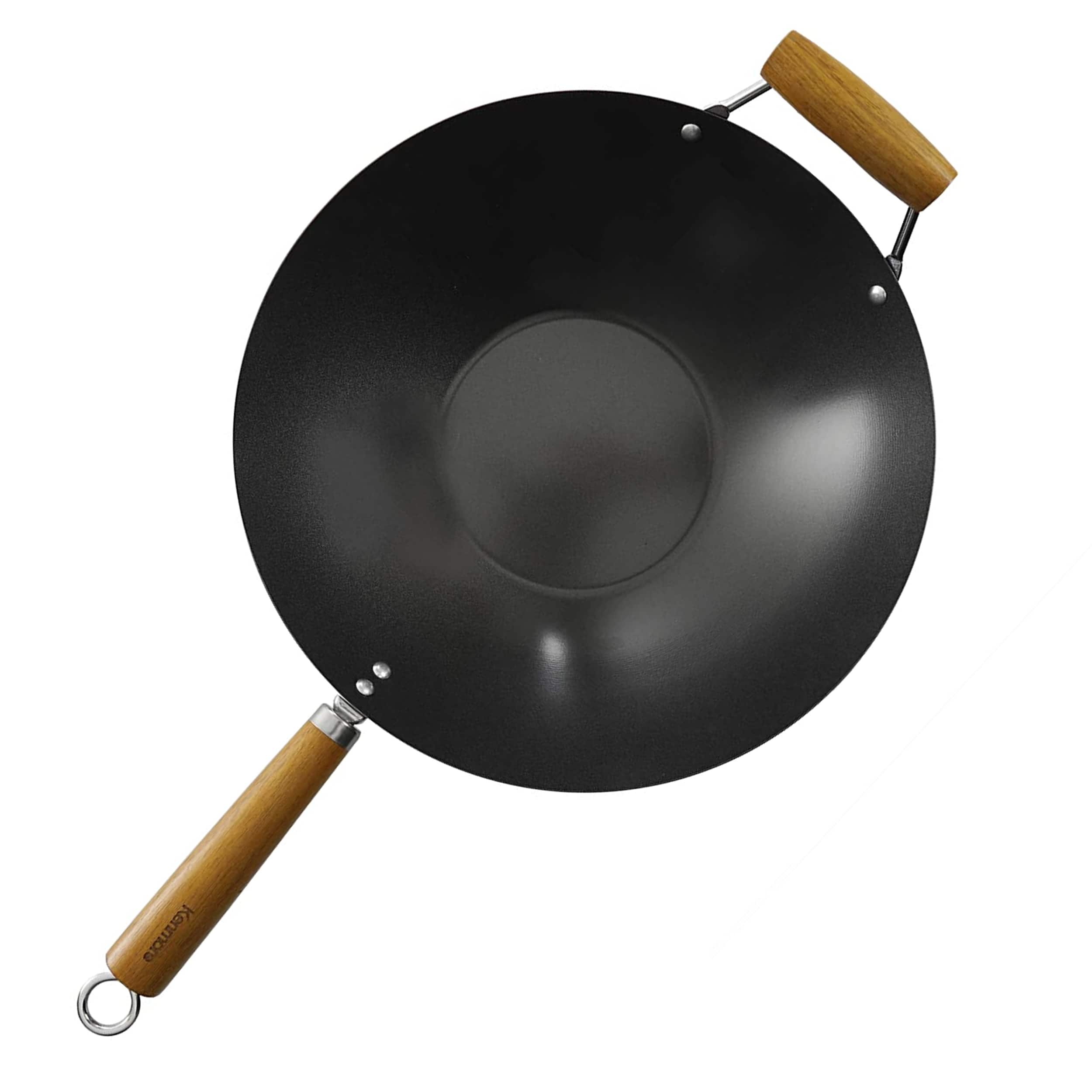 Kenmore - Hammond 14 Inch Flat Bottom Carbon Steel Wok with Wooden Handles - Black - Thumbnail 2