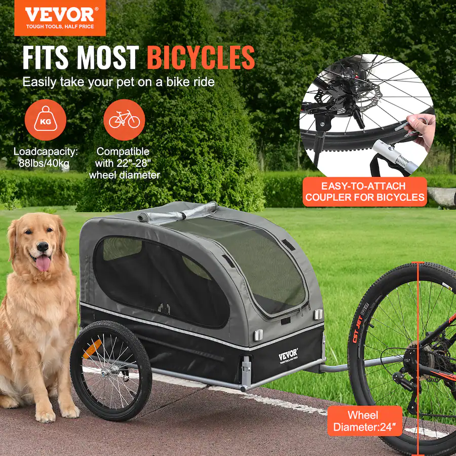 VEVOR Dog Bike Trailer, Supports up to 88 lbs, Pet Cart Bicycle Carrier ...