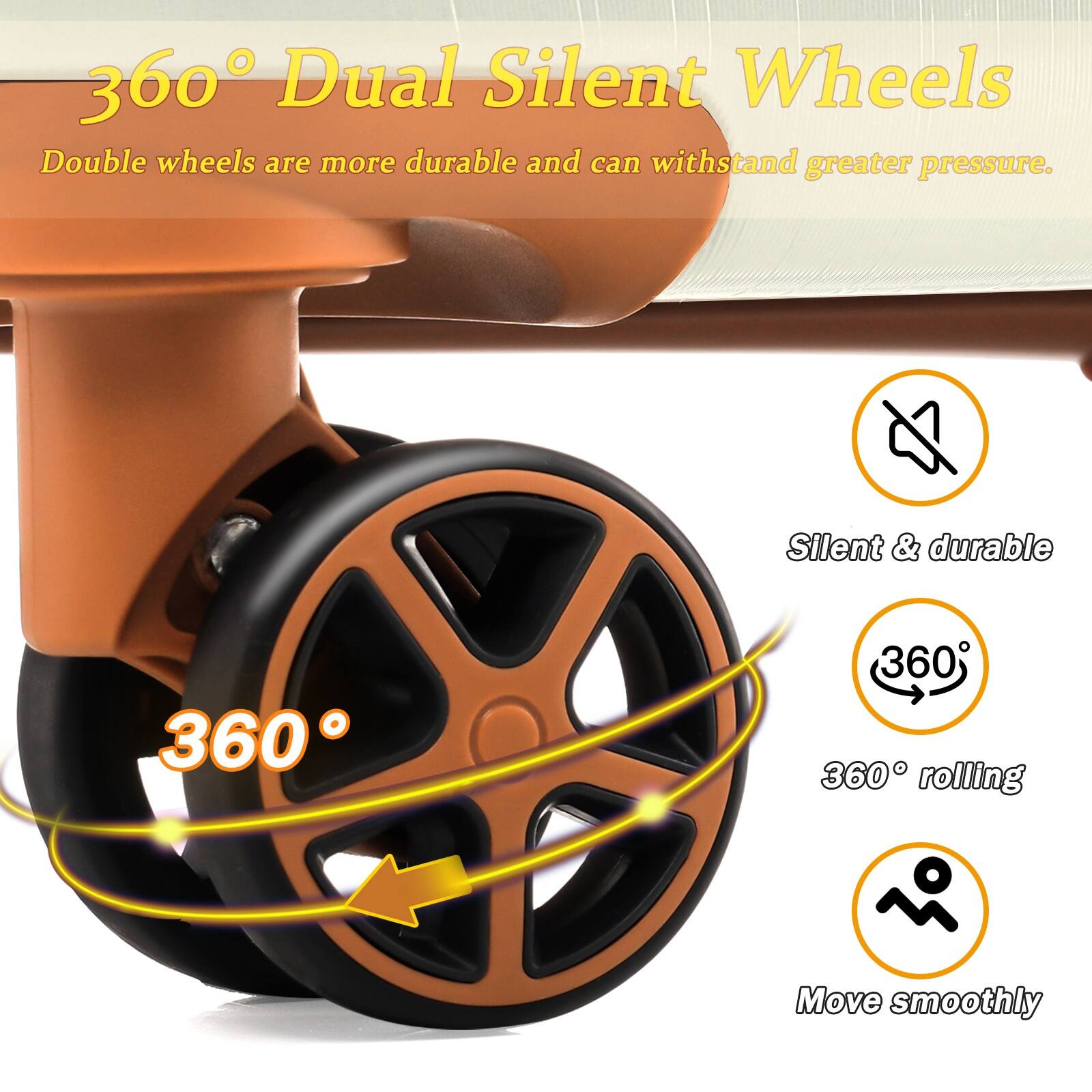 360° Dual Silent Wheels  
Double wheels are more durable and can withstand greater pressure.  

- Silent & durable  
- 360° rolling  
- Move smoothly
