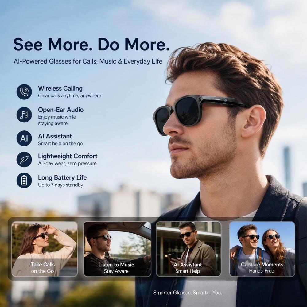 See More. Do More.  
AI-Powered Glasses for Calls, Music & Everyday Life  

Wireless Calling  
Clear calls anytime, anywhere  

Open-Ear Audio  
Enjoy music while staying aware  

AI Assistant  
Smart help on the go  

Lightweight Comfort  
All-day wear, zero pressure  

Long Battery Life  
Up to 7 days standby  

Take Calls on the Go  
Listen to Music  
Stay Aware  

AI Assistant Smart Help  
Capture Moments  
Hands-Free  

Smarter Glasses, Smarter You.