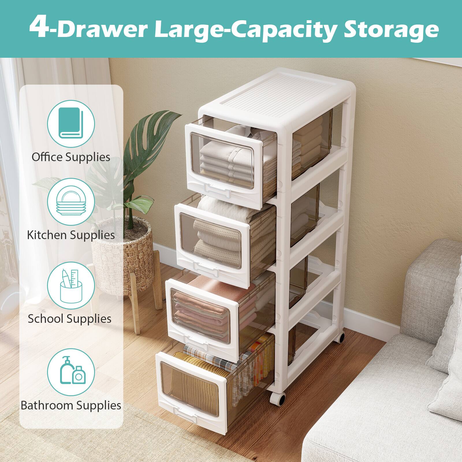 4-Drawer Large-Capacity Storage

- Office Supplies
- Kitchen Supplies
- School Supplies
- Bathroom Supplies