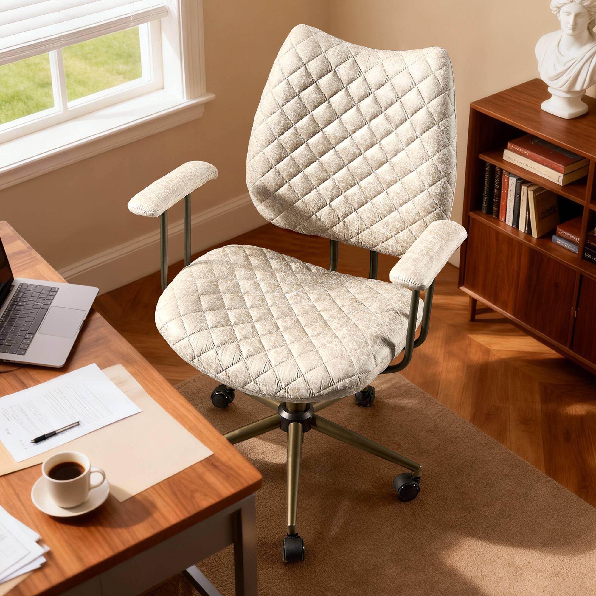 Ovios - 300lbs Capacity Office Chair, Ergonomic Executive Desk Chair, Mid-Century Modern Home Chair - White(Suede)
