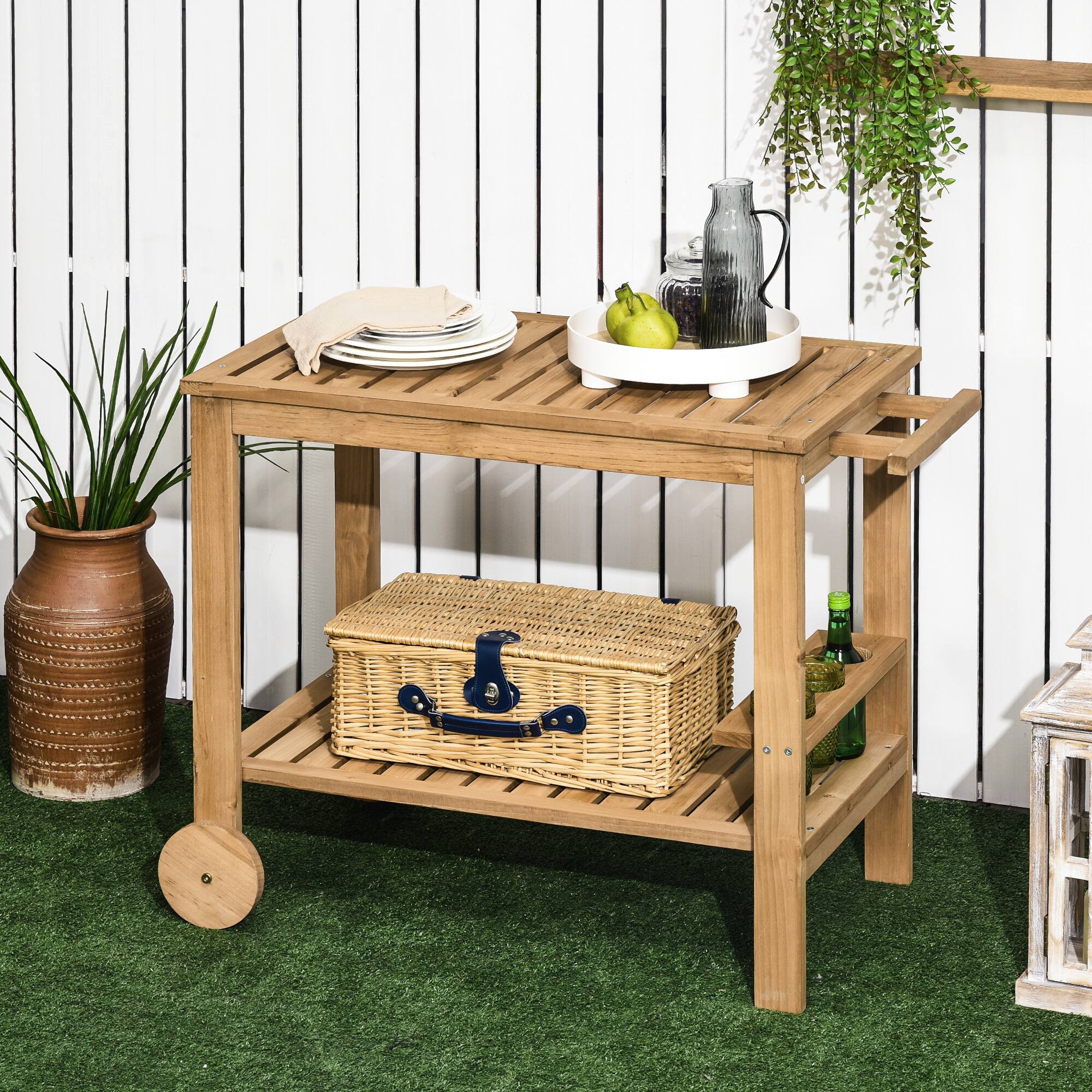 Alt View 1. Outsunny - Bar Cart, Wood Rolling Home Bar & Serving Cart ，2 Shelves, Wine Bottle Holders for Garden - Natural wood.