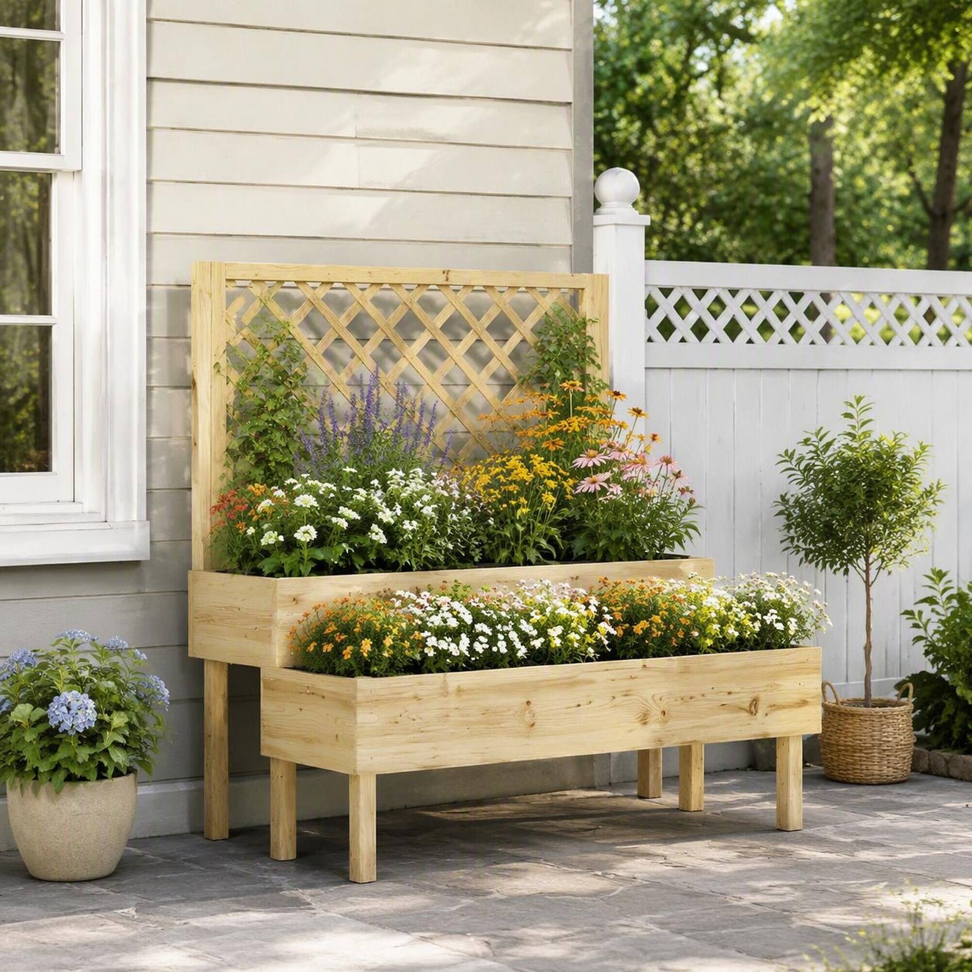 Back. RYHNUYNE - Fir Wood Elevated Planter Box with Trellis for Patio, 42.5x24.4x47.2 Inch Outdoor Raised Garden Bed for Climbing - Natural Wood.