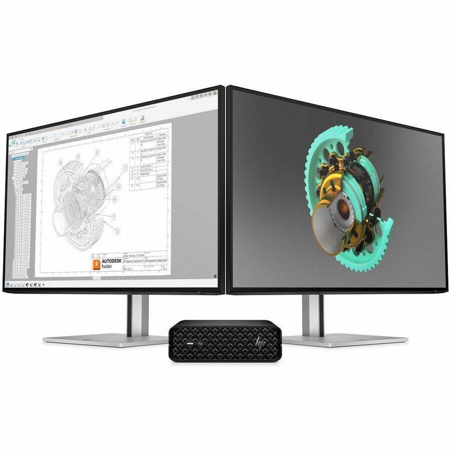 Sure, here is the corrected and grouped text:

**Left Monitor:**
- Autodesk Fusion 360
- (Various design and engineering details visible in the software interface)

**Right Monitor:**
- (3D model of a mechanical gear assembly)

**Bottom Center:**
- (A small device, possibly a speaker or a docking station, with no visible text)