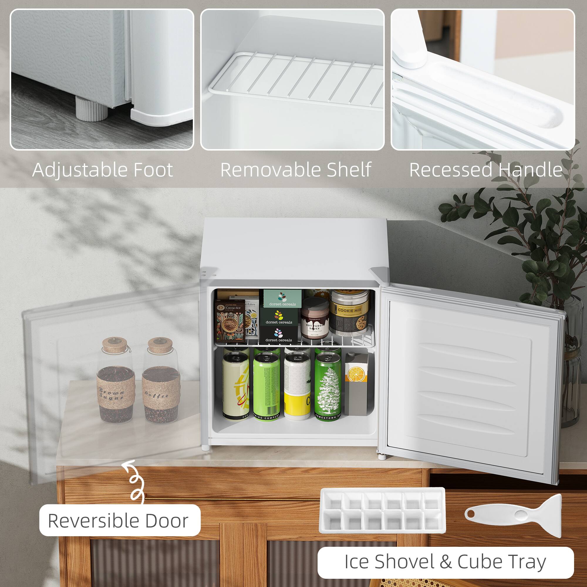 Adjustable Foot  
Removable Shelf  
Recessed Handle  
Reversible Door  
Ice Shovel & Cube Tray