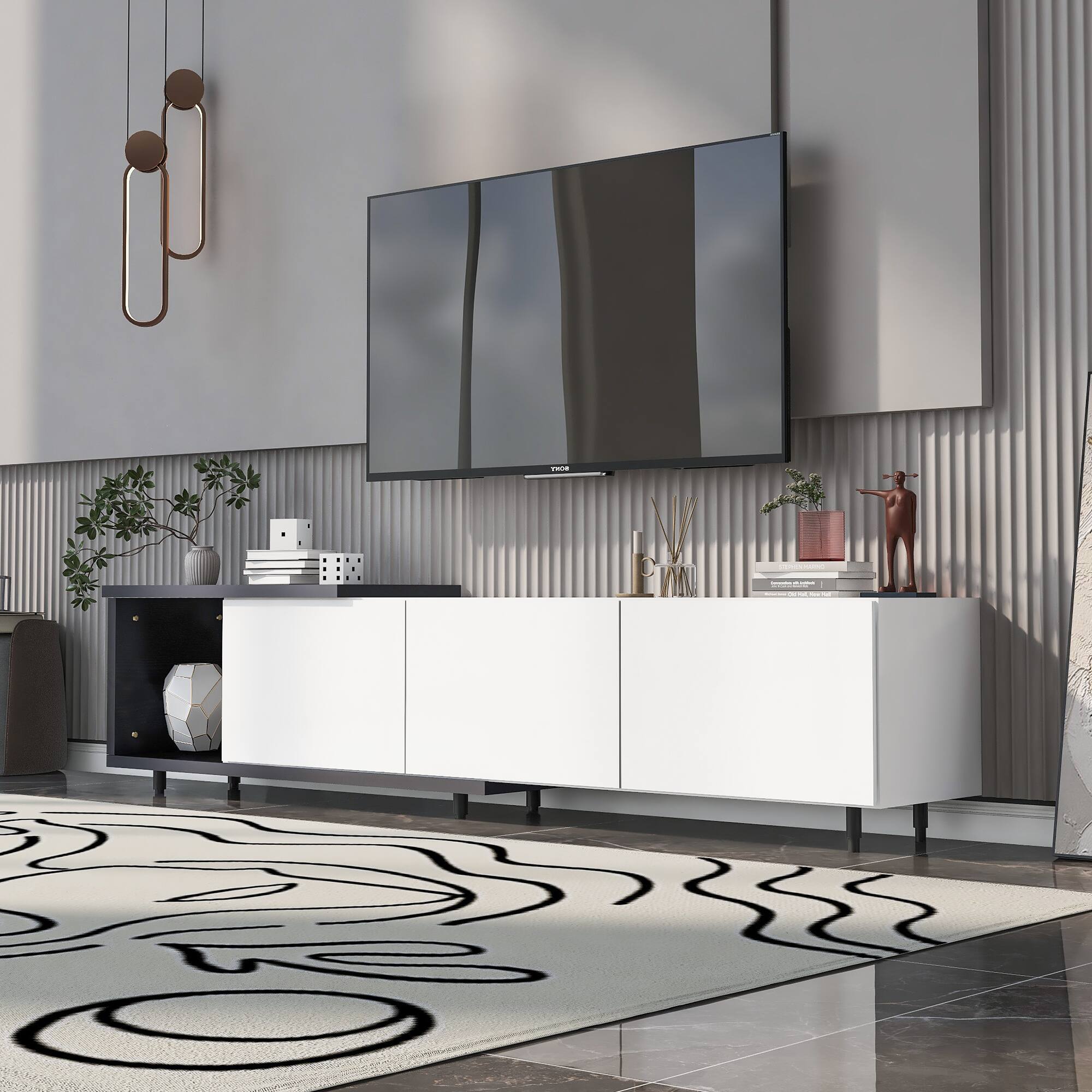 APRILSOUL - 70.1 in-100 in Modern Stylish ExtendableTV Stand TV Cabinet for 80+inch TV Black and - White