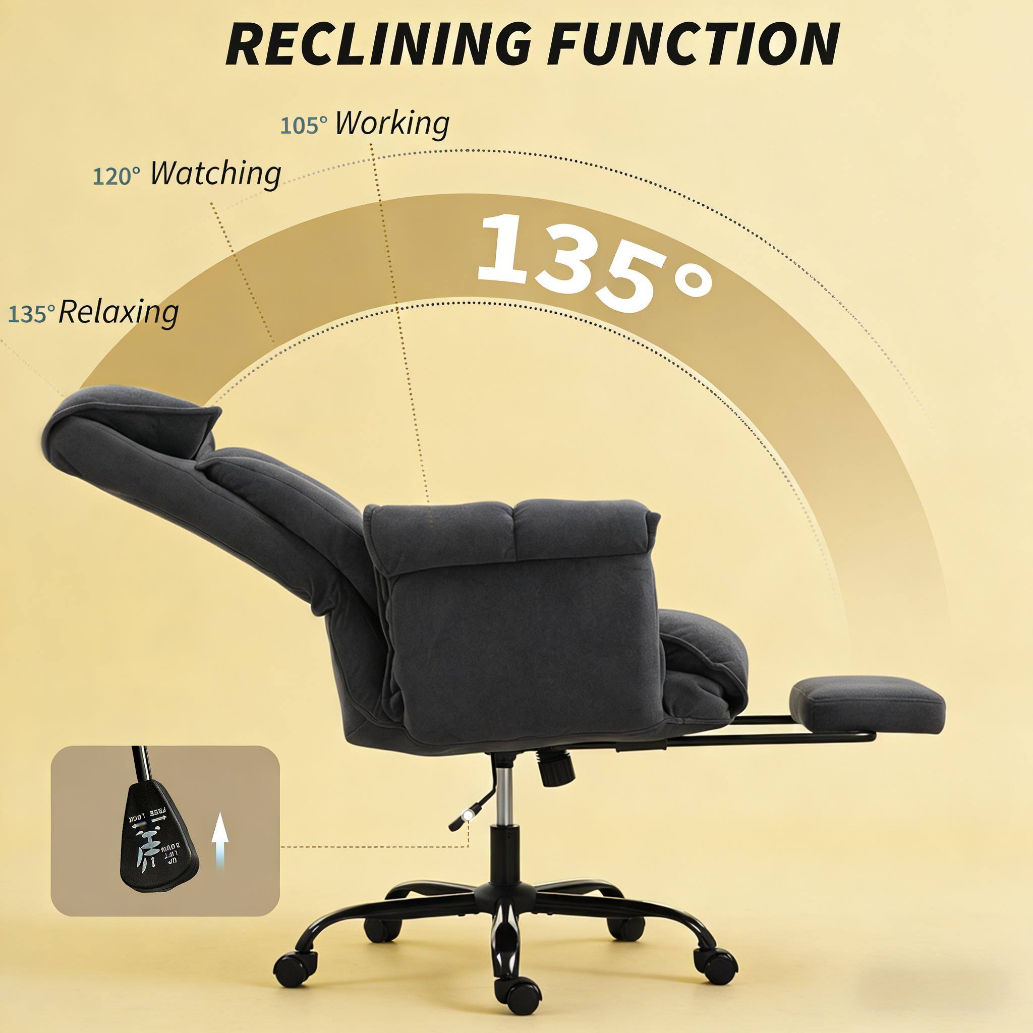 RECLINING FUNCTION

105° Working  
120° Watching  
135° Relaxing  

135°