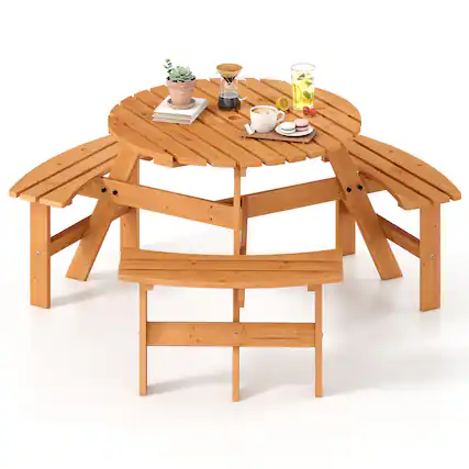 Front. Costway - Costway 6-Person Round Picnic Table Set with 3 Built-in Benches 2" Umbrella Hole - Yellow.