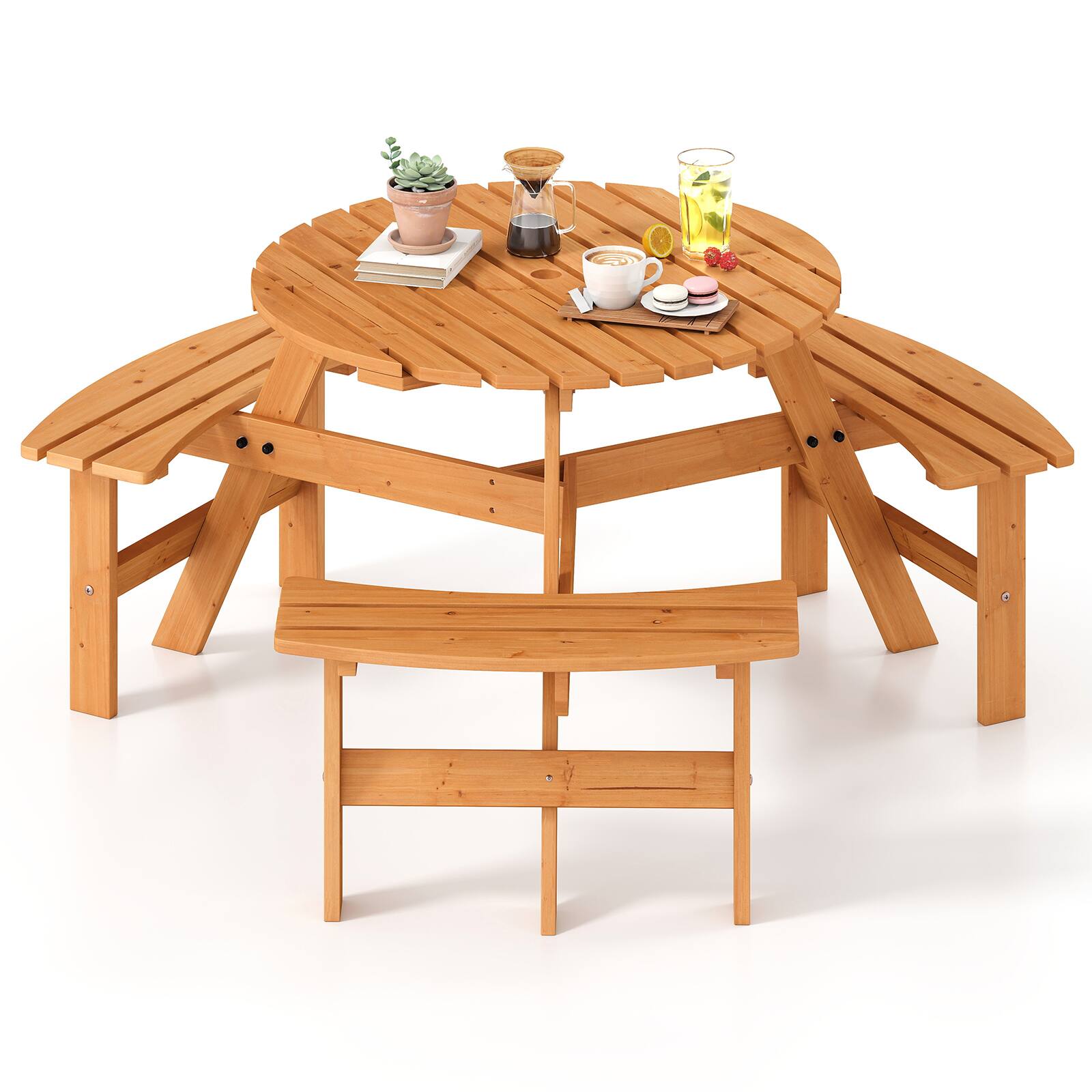 Front. Costway - Costway 6-Person Round Picnic Table Set with 3 Built-in Benches 2" Umbrella Hole - Yellow.