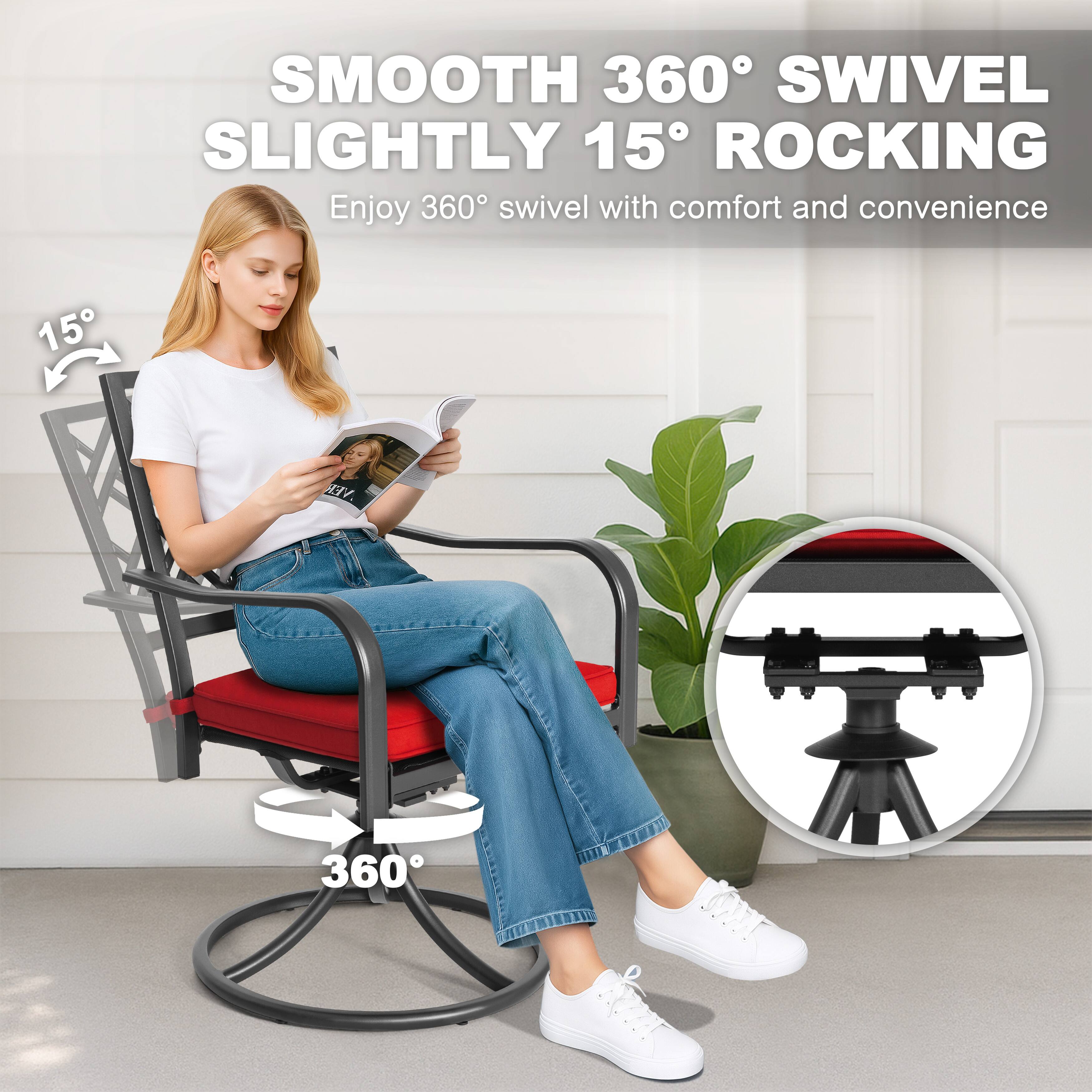 SMOOTH 360° SWIVEL  
SLIGHTLY 15° ROCKING  

Enjoy 360° swivel with comfort and convenience  

15°  
360°