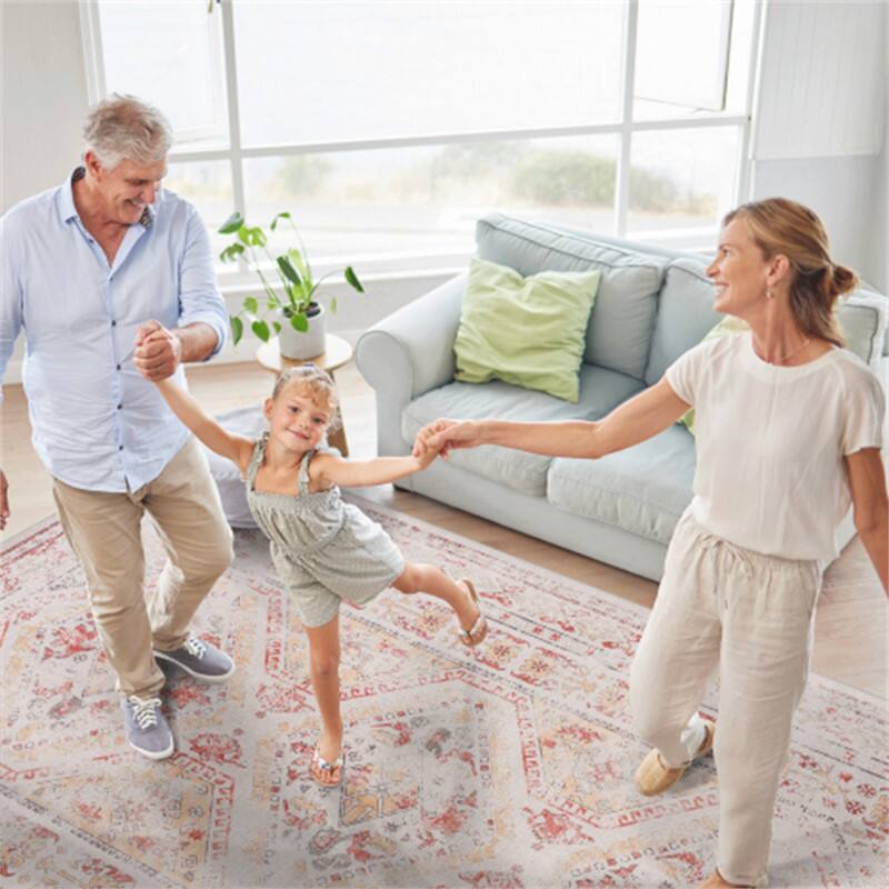 Back. HTUTWOO - Beige Foldable Washable Rug 5x8 - Chenille Area Rug,Machine Washable,Non-Slip TPR Backing,Low Pile 0.14" for Living Room - Beige.