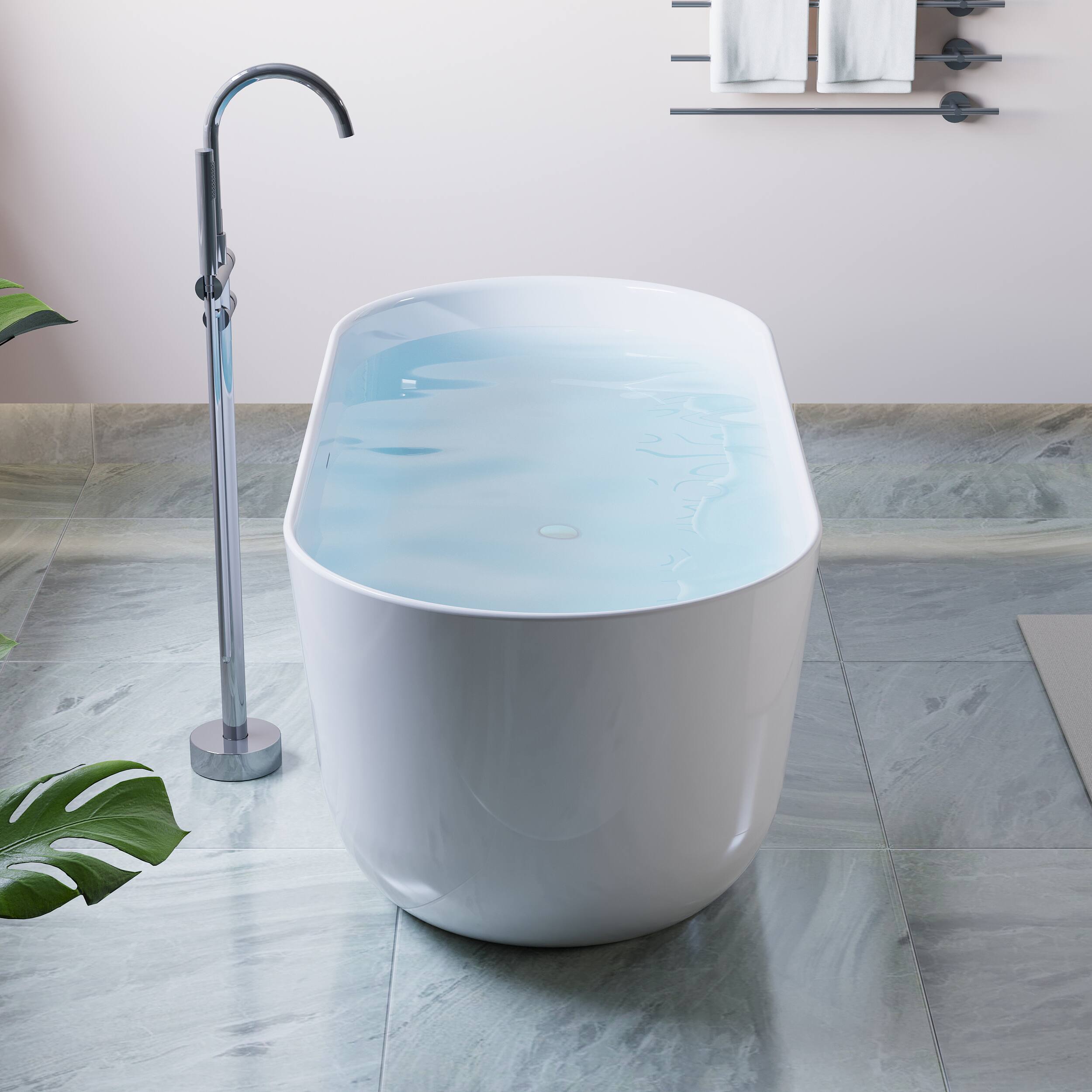 Angle. WELLFOR - Seren 67 in. x 30 in. Acrylic Oval Freestanding Soaking Bathtub with Center Pop-Up Drain and Overflow - White.