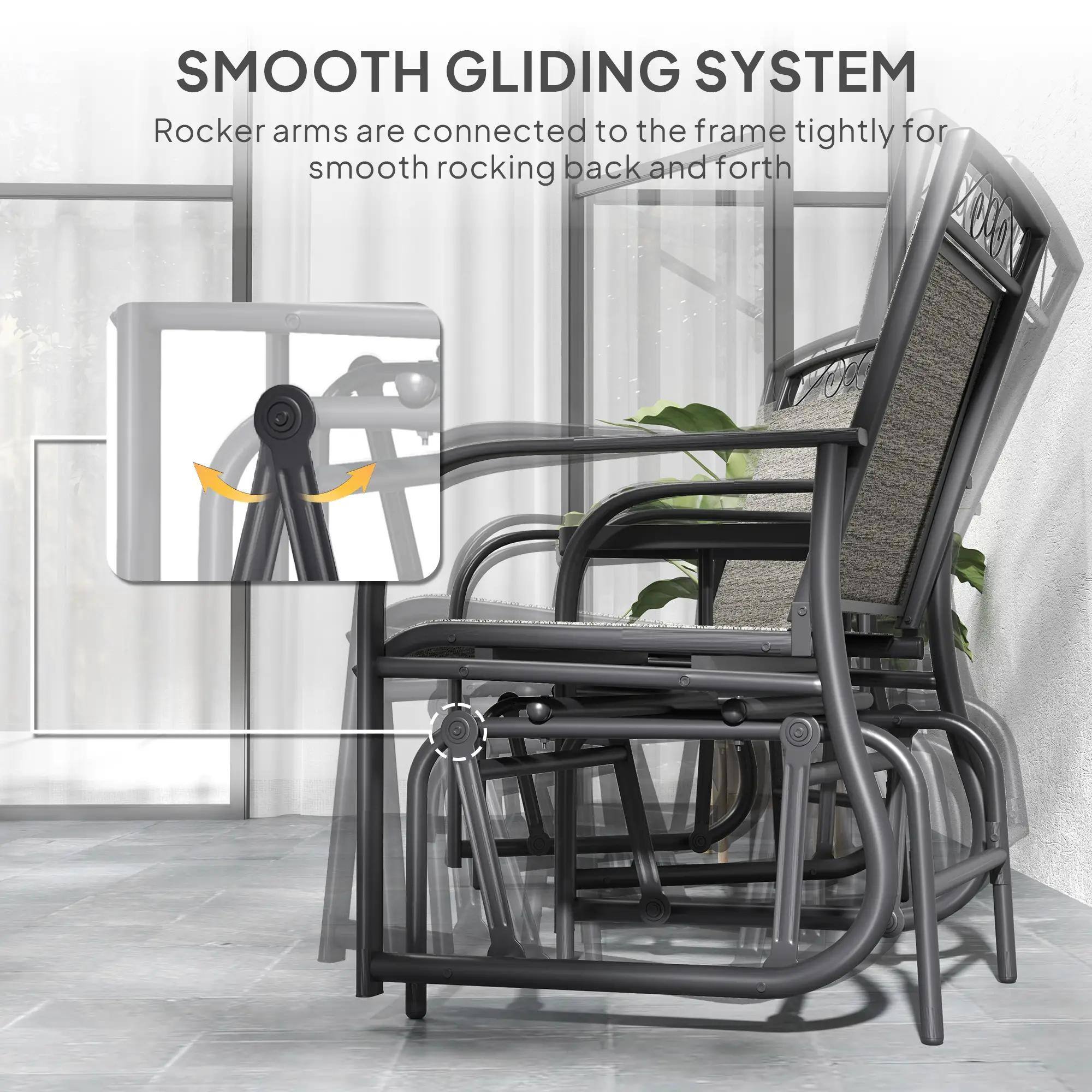 SMOOTH GLIDING SYSTEM

Rocker arms are connected to the frame tightly for smooth rocking back and forth.