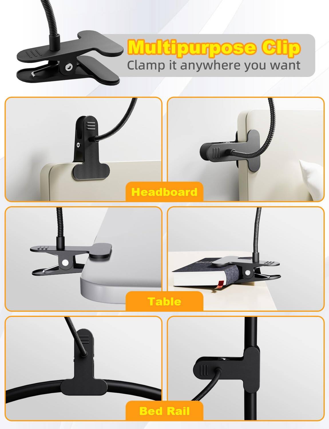 Multipurpose Clip  
Clamp it anywhere you want  

Headboard  
Table  
Bed Rail