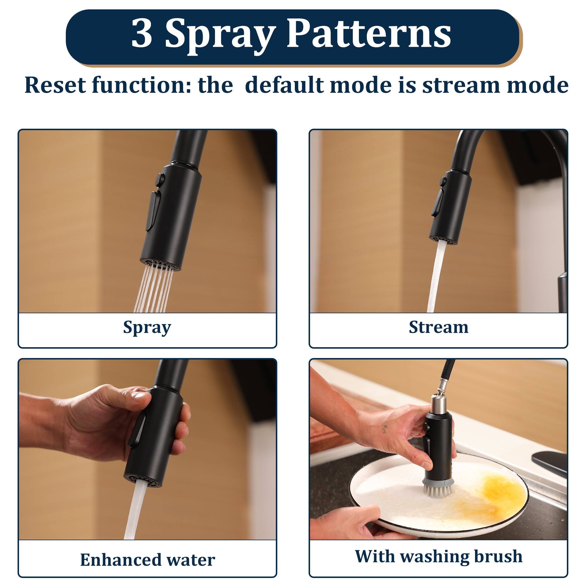 3 Spray Patterns
Reset function: the default mode is stream mode
Spray
Stream
Enhanced water
With washing brush