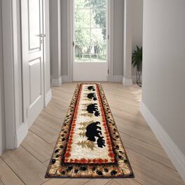 Emma + Oliver - Rustic Cabin Theme Accent Rug with Bear and Cub Design with Trees in Background and Bear Track Patterned Edges - Brown