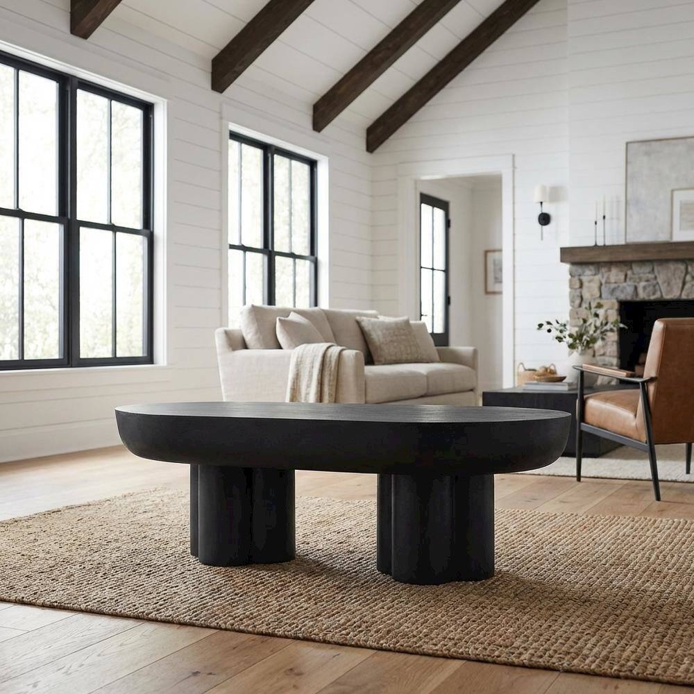 Angle. FurniFact - Oval Concrete Coffee Table with Modern Design and Sturdy Surface - Black.