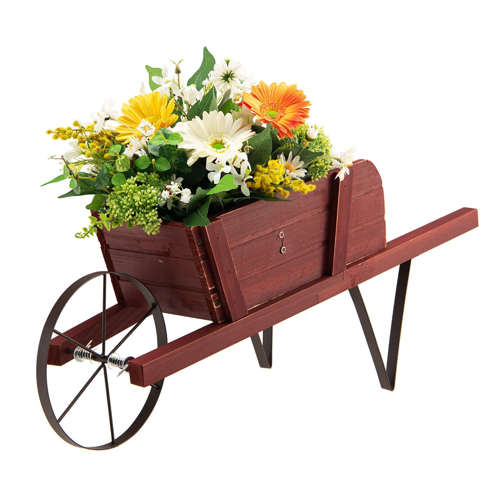 Alt View 9. Gymax - Gymax Wooden Wagon Planter Decorative Indoor/ Outdoor Rustic Flower Cart w/ Wheel Red - Red.