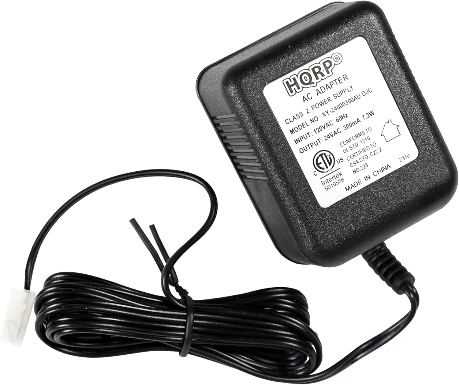 HQRPO ADAPTER SUPPLY AC 2 POWER XY-24000300AU CLASS NO: 60Hz 7.2W MODEL 120VAC 300mA TO INPUT: 24VAC CONFORMS 1310 OUTPUT: STD. TO UL CERTIFIED C22.2 ETD US CSASTD 2310 NO.223 223 CHINA C Intertek IN 50 MADE