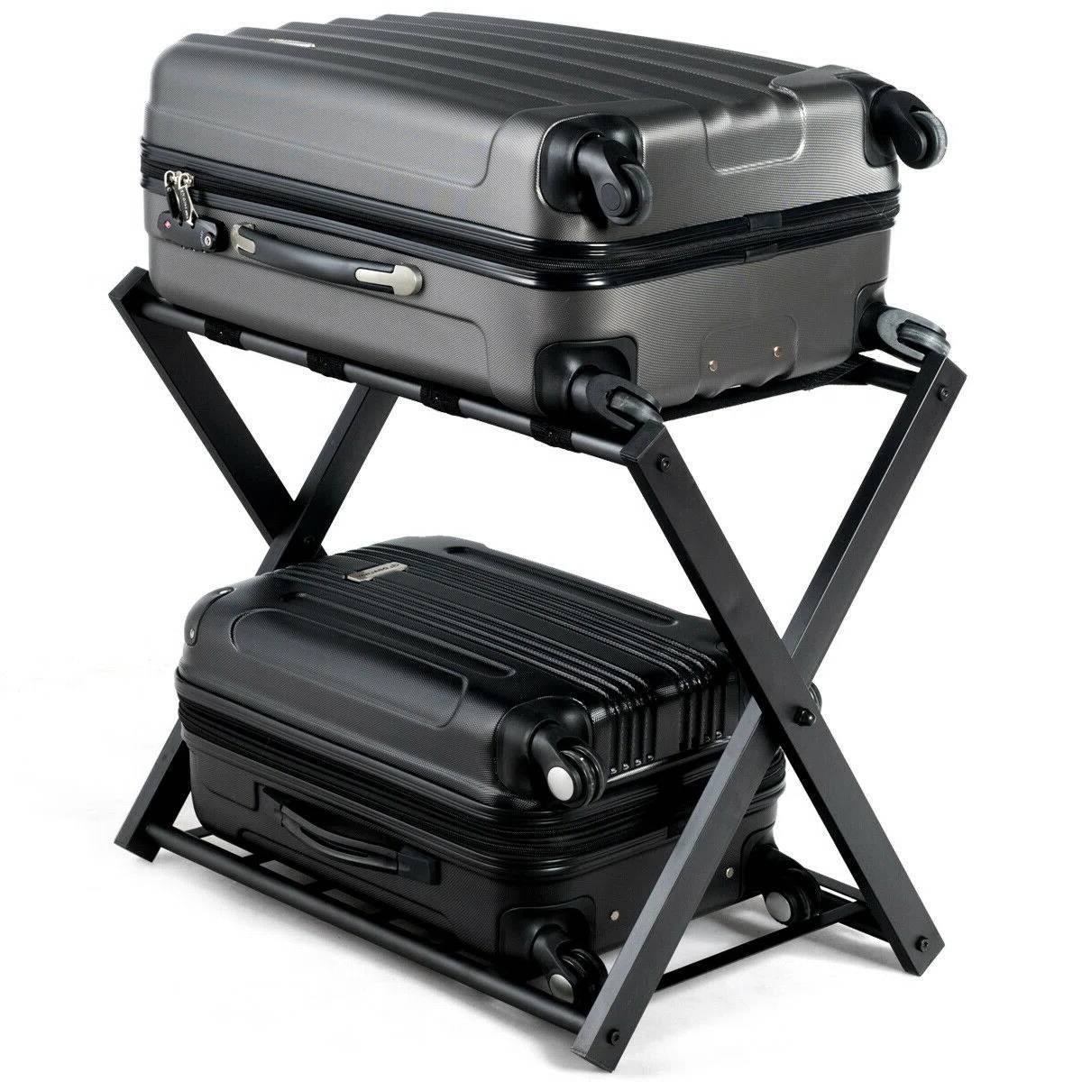Back. Hivvago - Set of 2 - Folding Black Metal Luggage Rack with Bottom Storage Shelf - Black.