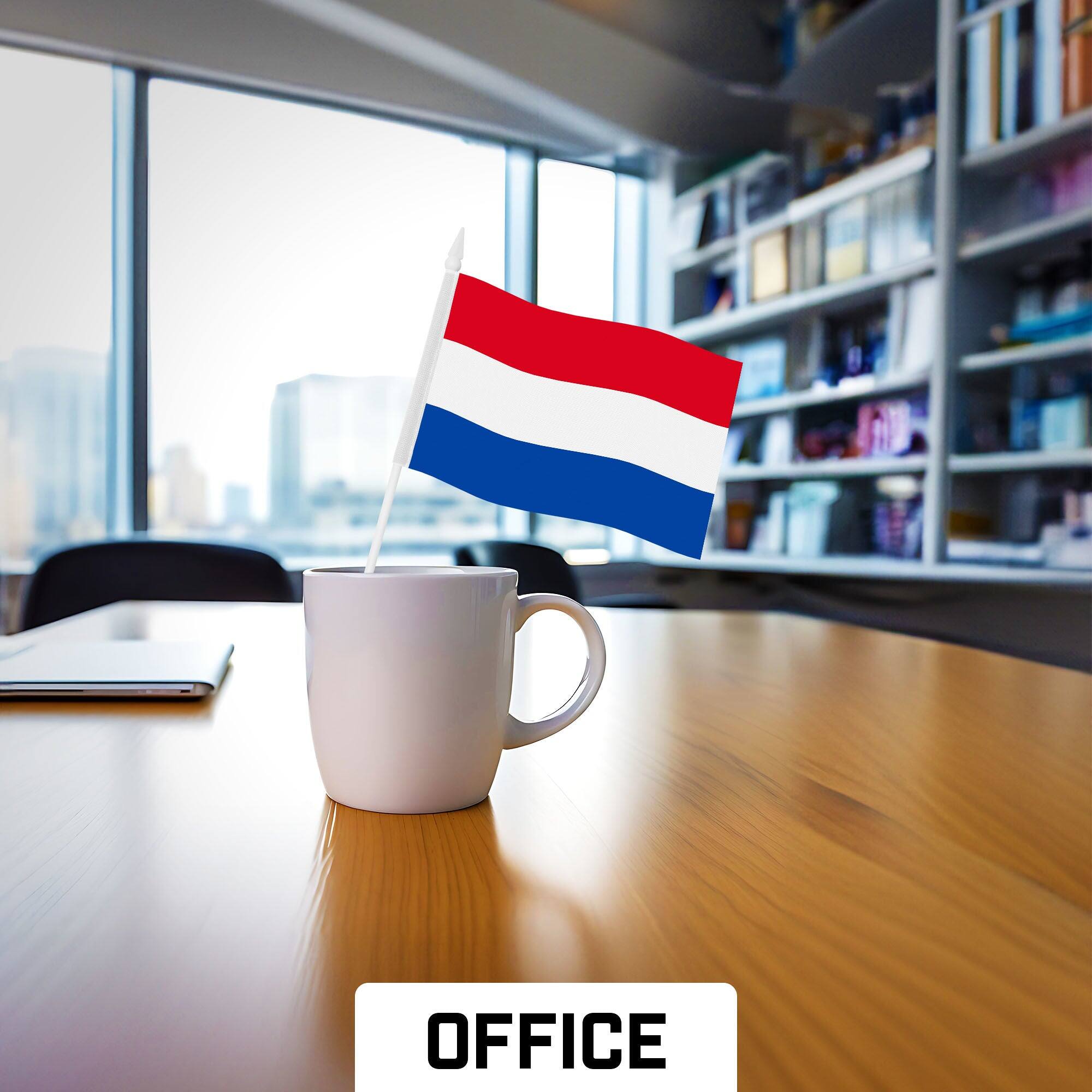 Left. G128 - 24-Pack Netherlands Handheld Stick Flags, 4 x 6 in, 150D Polyester, Plastic Spear Top. - Assorted Colors.