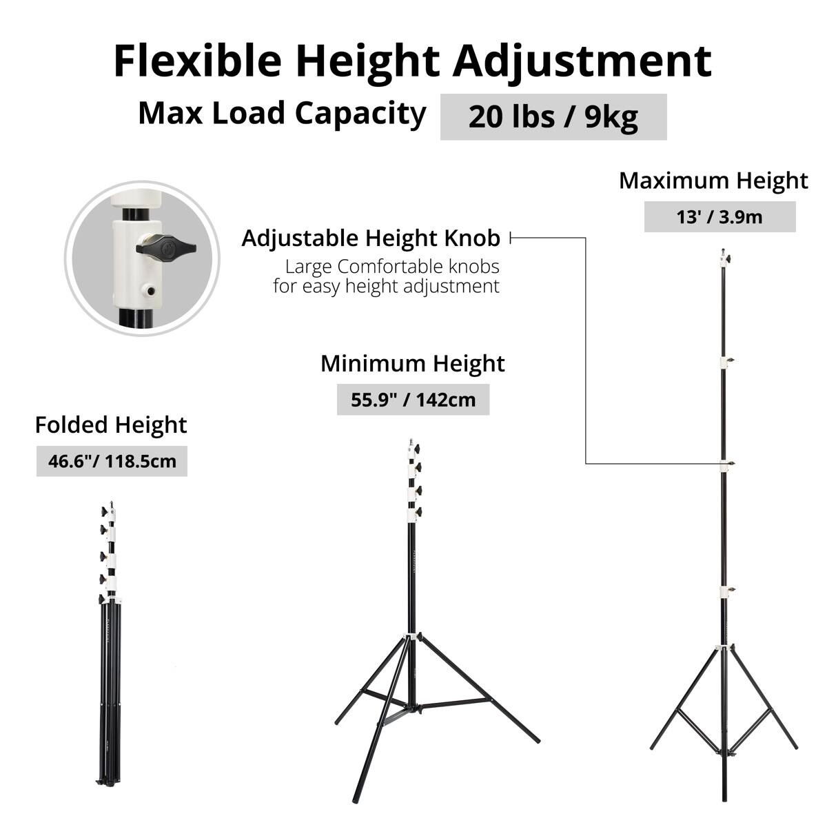 Flexible Height Adjustment  
Max Load Capacity: 20 lbs / 9kg  
Adjustable Height Knob  
Large Comfortable knobs for easy height adjustment  
Maximum Height: 13' / 3.9m  
Folded Height: 46.6" / 118.5cm  
Minimum Height: 55.9" / 142cm