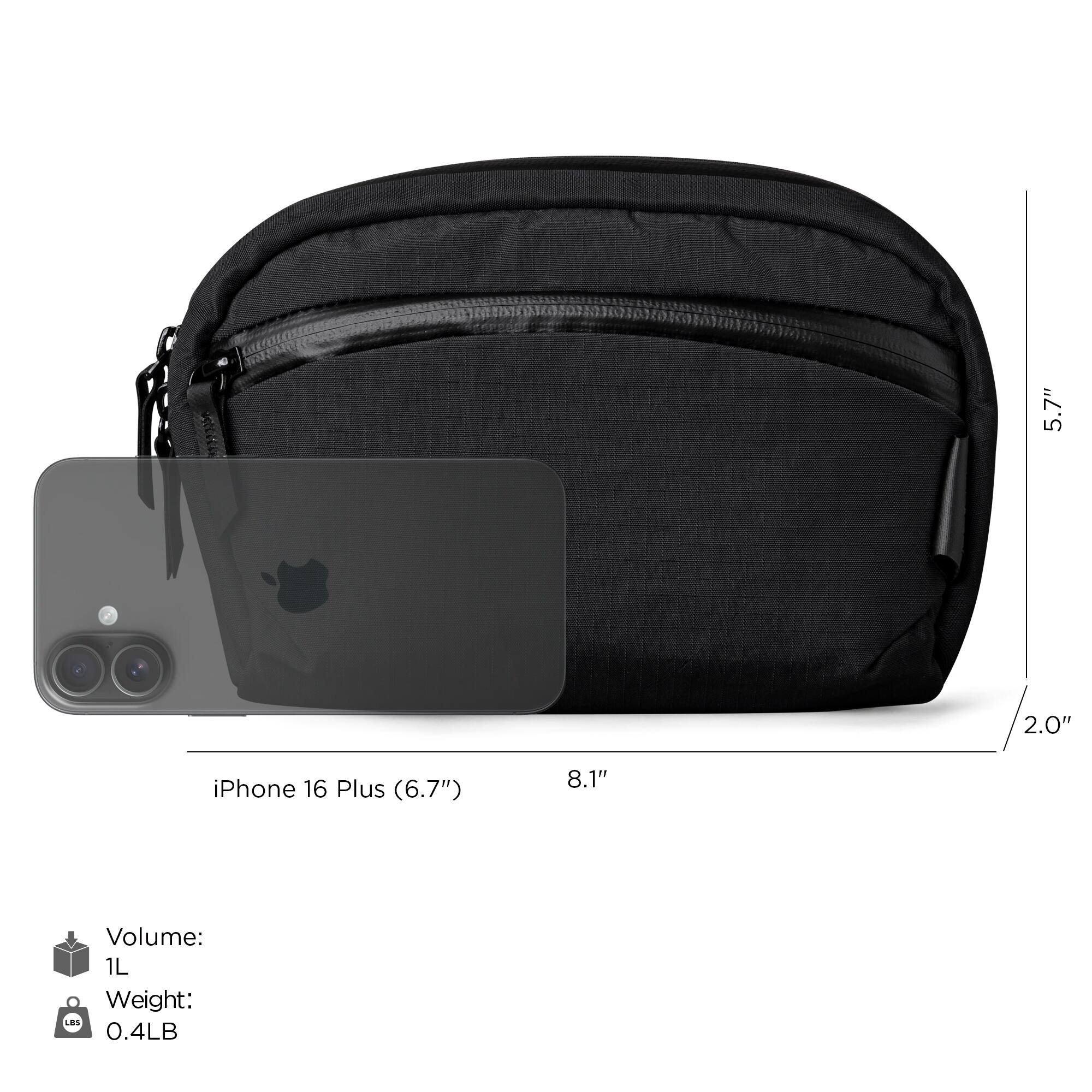 5.7" x 2.0" x 8.1"  
iPhone 16 Plus (6.7")  
Volume: 1L  
Weight: 0.4LB