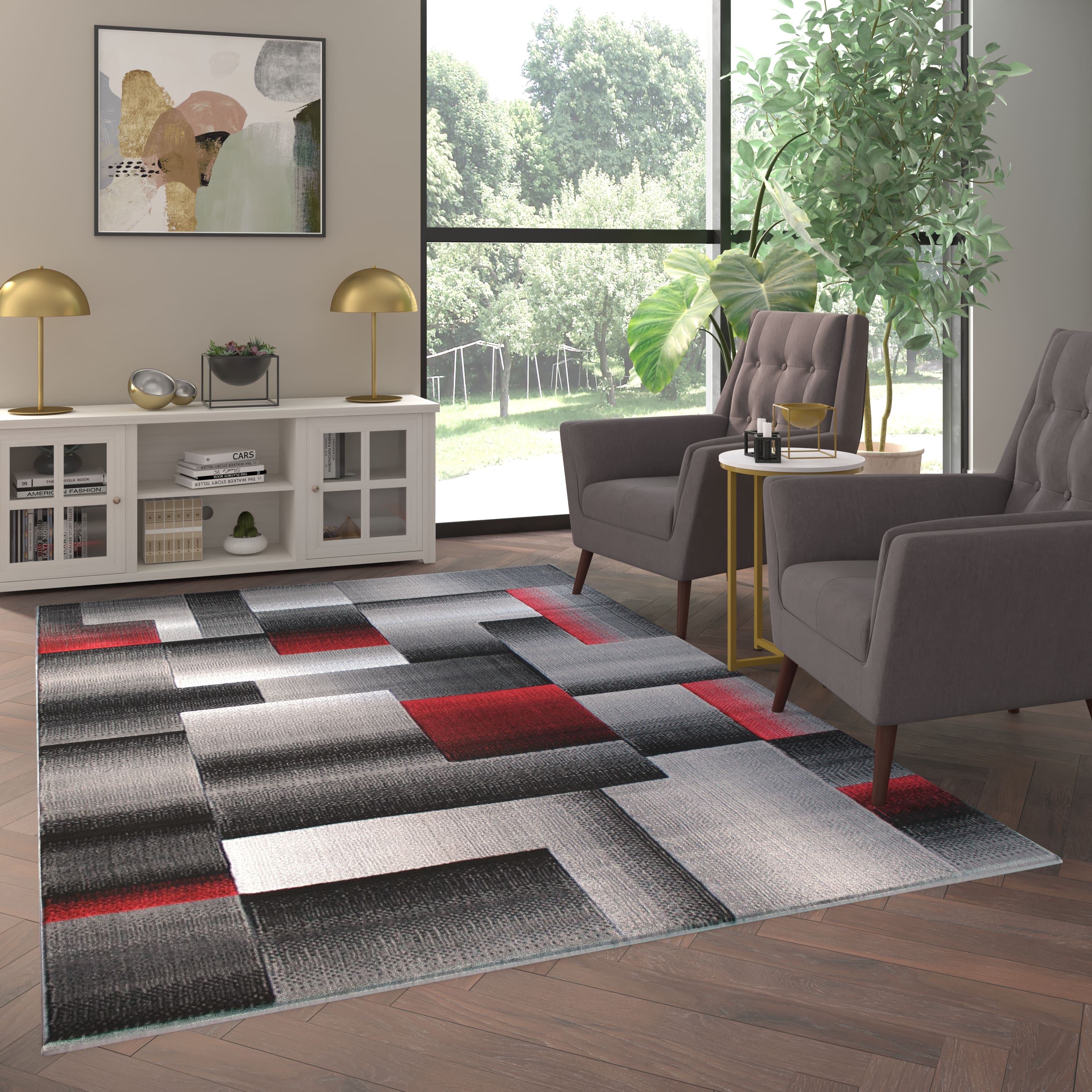 Emma + Oliver - Malaga Modern Cubist Olefin Accent Runner Rug in Gradient Shades with Natural Jute Backing - Red