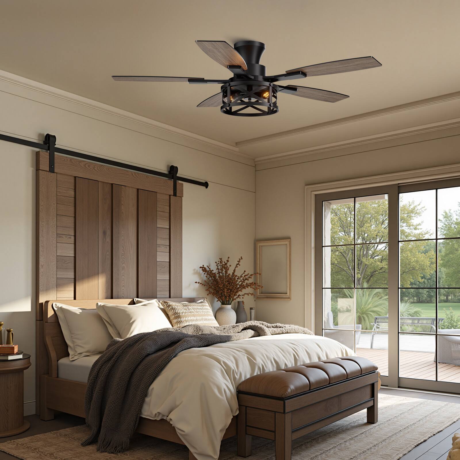 Left. Siljoy - 52 inch Farmhouse Matte Black Flush Mount Ceiling Fan with Lights 5 Dual Color Blades for Patio Bedroom Living Room - Matte Black.