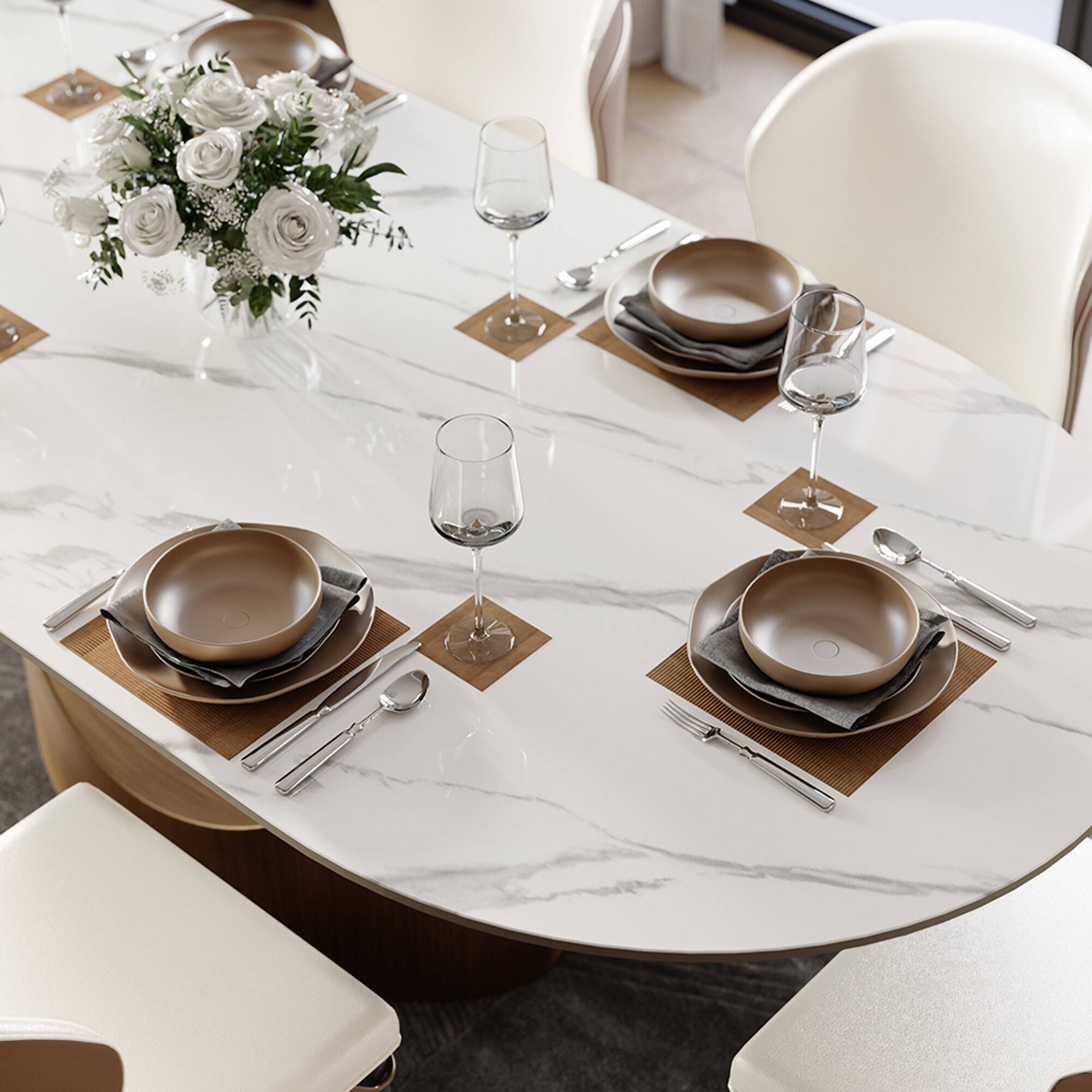 Back. POVISON - 71"Hobart Modern Oval Dining Table for 6, White Oval Glossy Sintered Stone Kitchen Table, Bronze Carbon Steel Base - White.