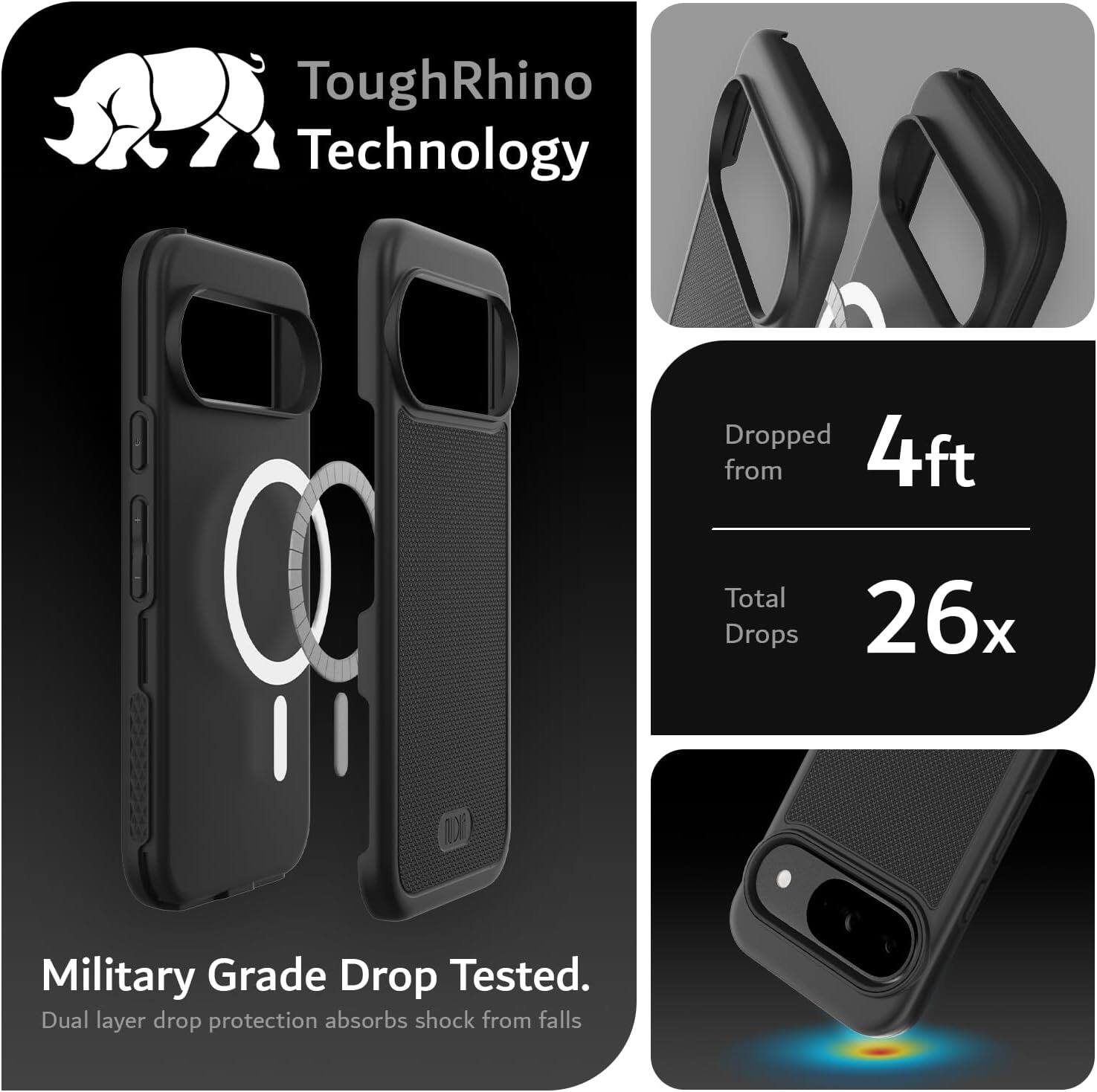 ToughRhino Technology

Military Grade Drop Tested.
Dual layer drop protection absorbs shock from falls

Dropped from 4ft
Total Drops 26x