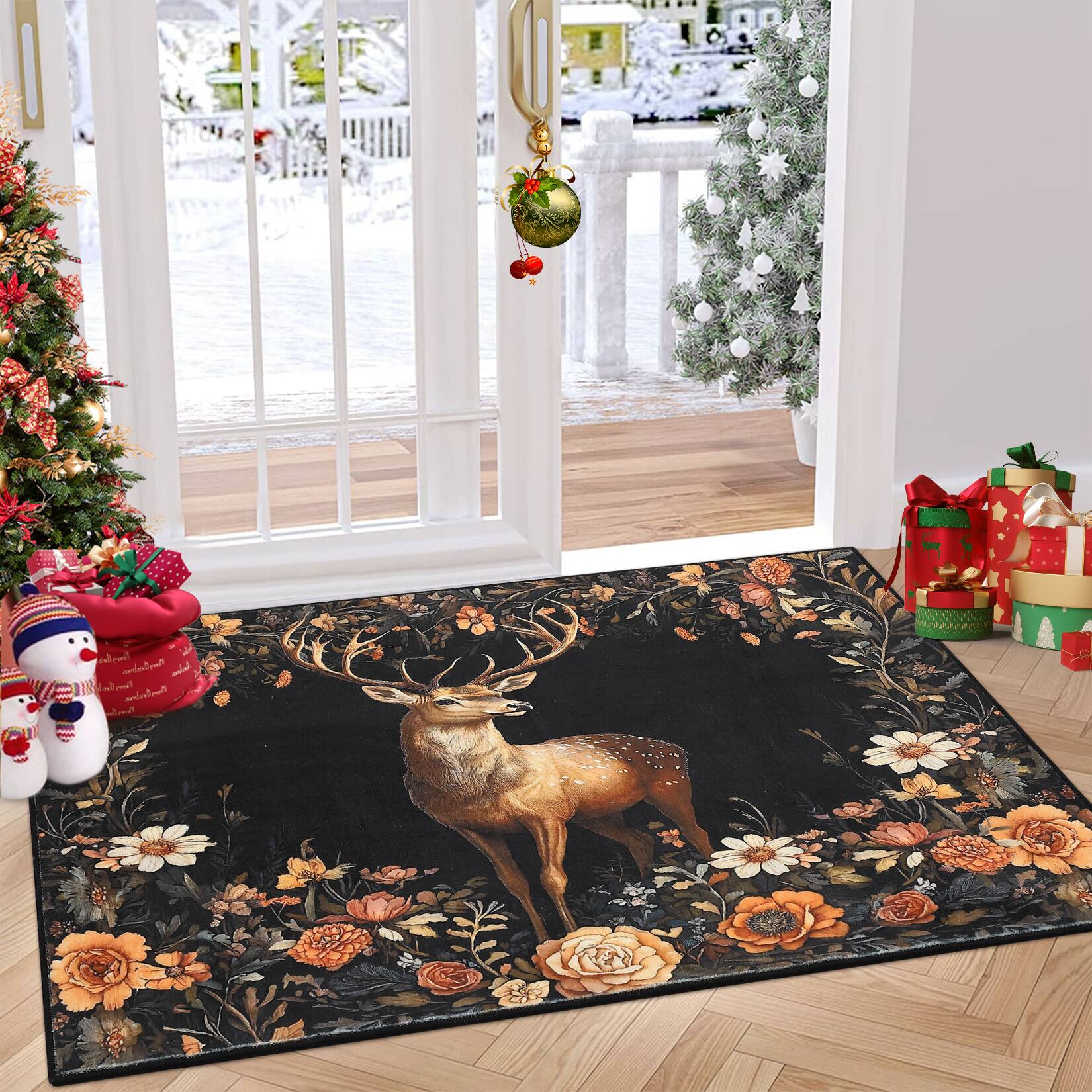Angle. Acekool - Christmas 2'x3' Rug for Entryway Indoor Small Washable Kitchen Rugs Soft Bathroom Carpet Elk Holiday Decor Non-Slip mat - Black.