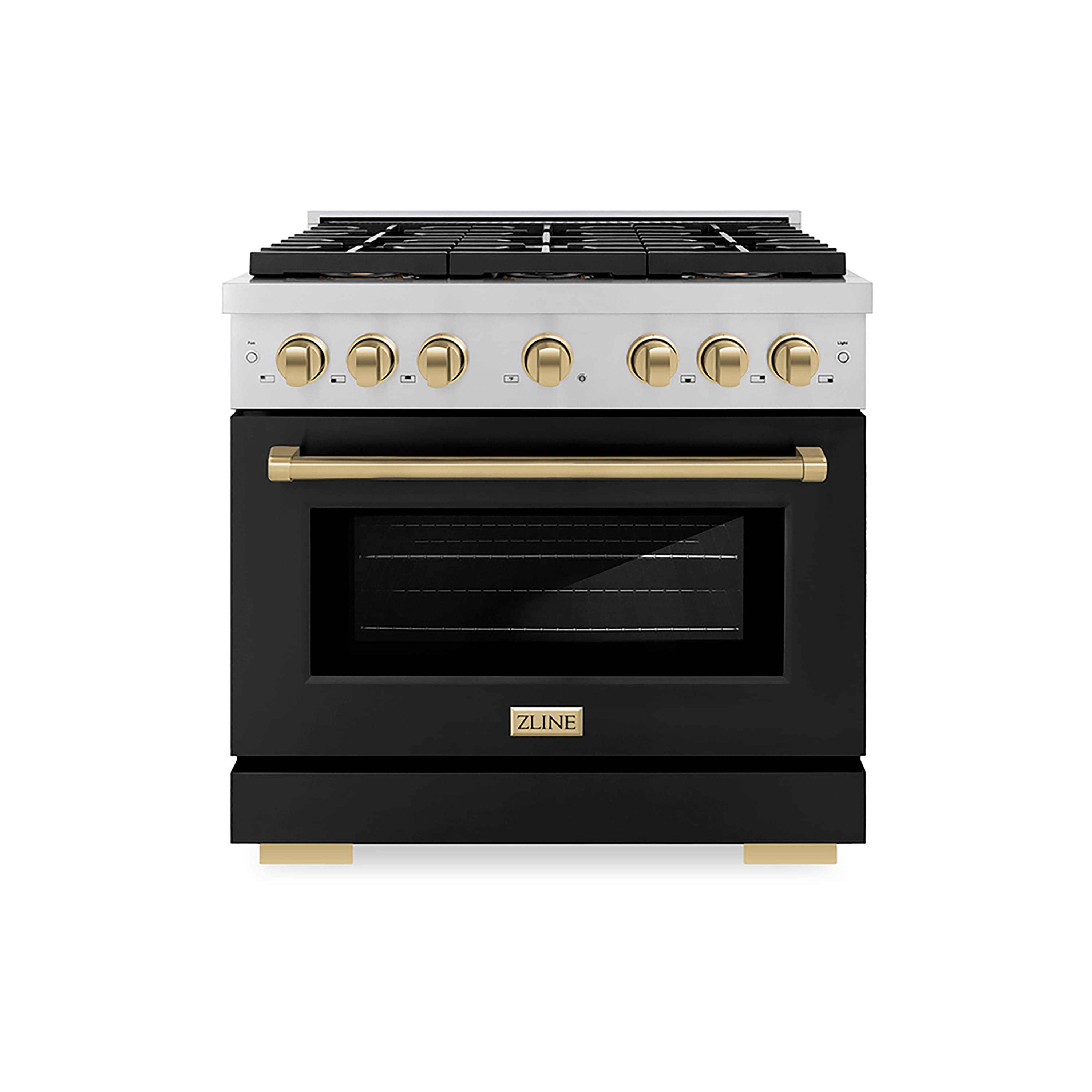 Front. ZLINE - ZLINE Autograph 36 in. Paramount Gas Range with 6 DuoPro Burners w/ Black Door & Bronze Accents (PSGRZ-BLM-36-CB) - Stainless Steel with Black Matte Door.