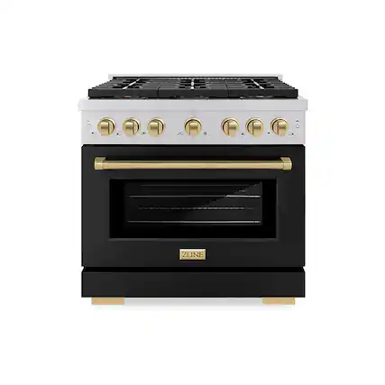 Front. ZLINE - ZLINE Autograph 36 in. Paramount Gas Range with 6 DuoPro Burners w/ Black Door & Bronze Accents (PSGRZ-BLM-36-CB) - Stainless Steel with Black Matte Door.