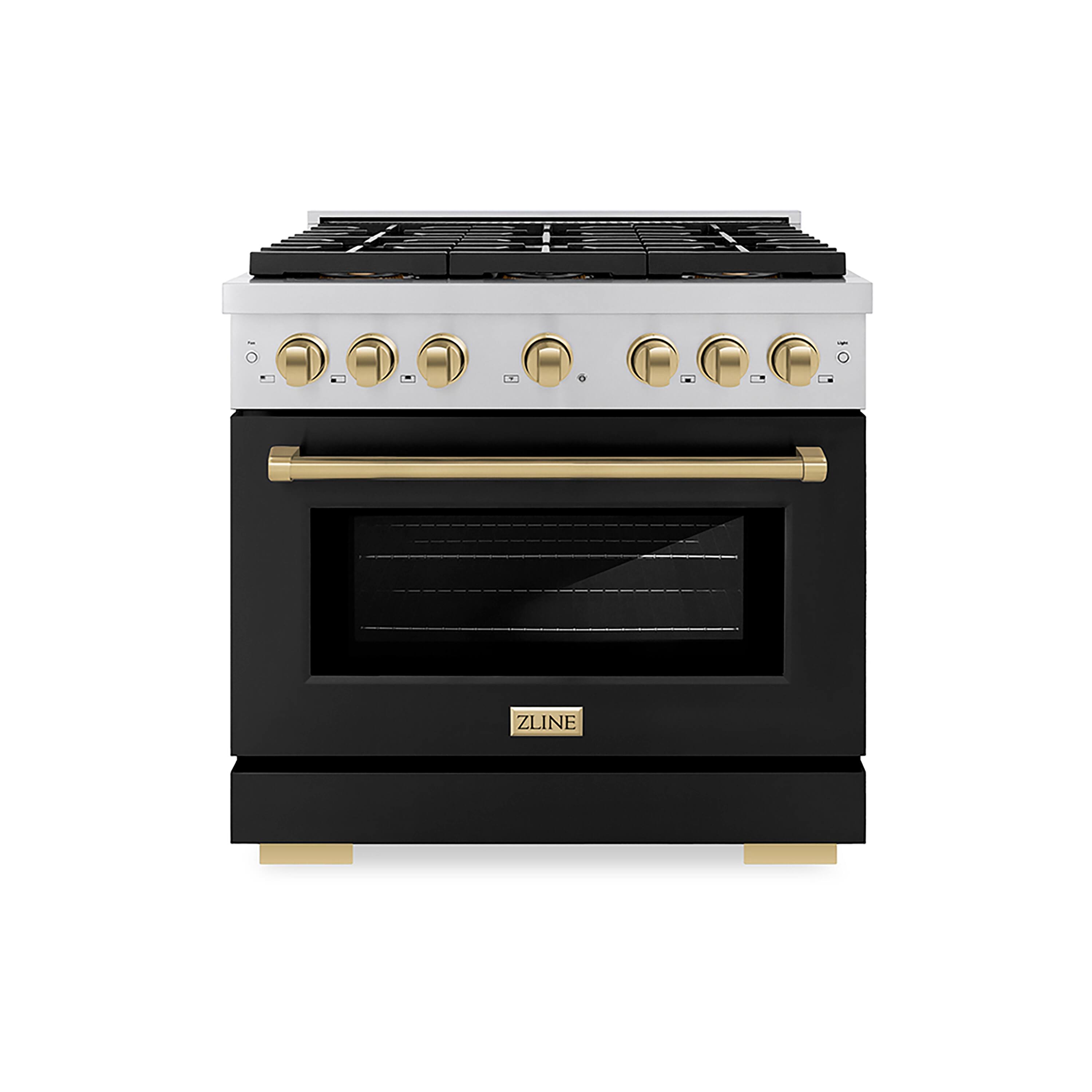 Front. ZLINE - ZLINE Autograph 36 in. Paramount Gas Range with 6 DuoPro Burners w/ Black Door & Bronze Accents (PSGRZ-BLM-36-CB) - Stainless Steel with Black Matte Door.