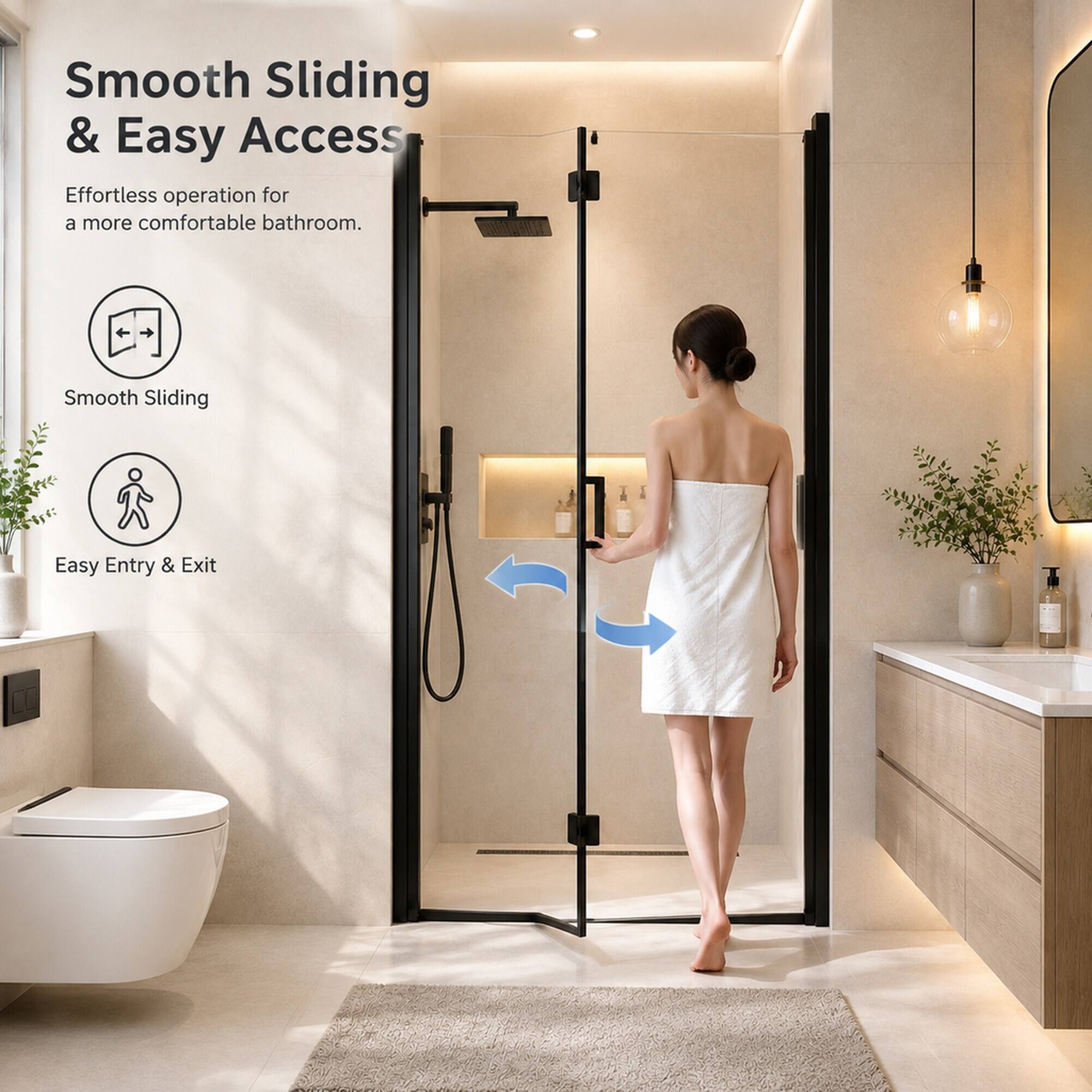 Smooth Sliding & Easy Access  
Effortless operation for a more comfortable bathroom.  
Smooth Sliding  
Easy Entry & Exit
