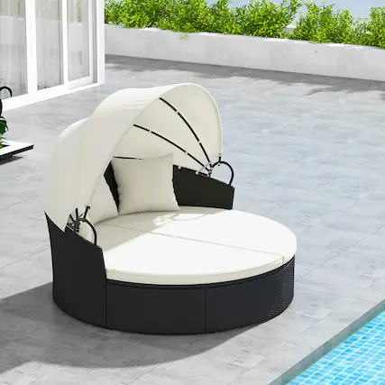 Front. Gymax - Gymax Patio Round Daybed Wicker Daybed w/ Retractable Canopy Separated Seating Sectional Sofa Black & White - Black, White.