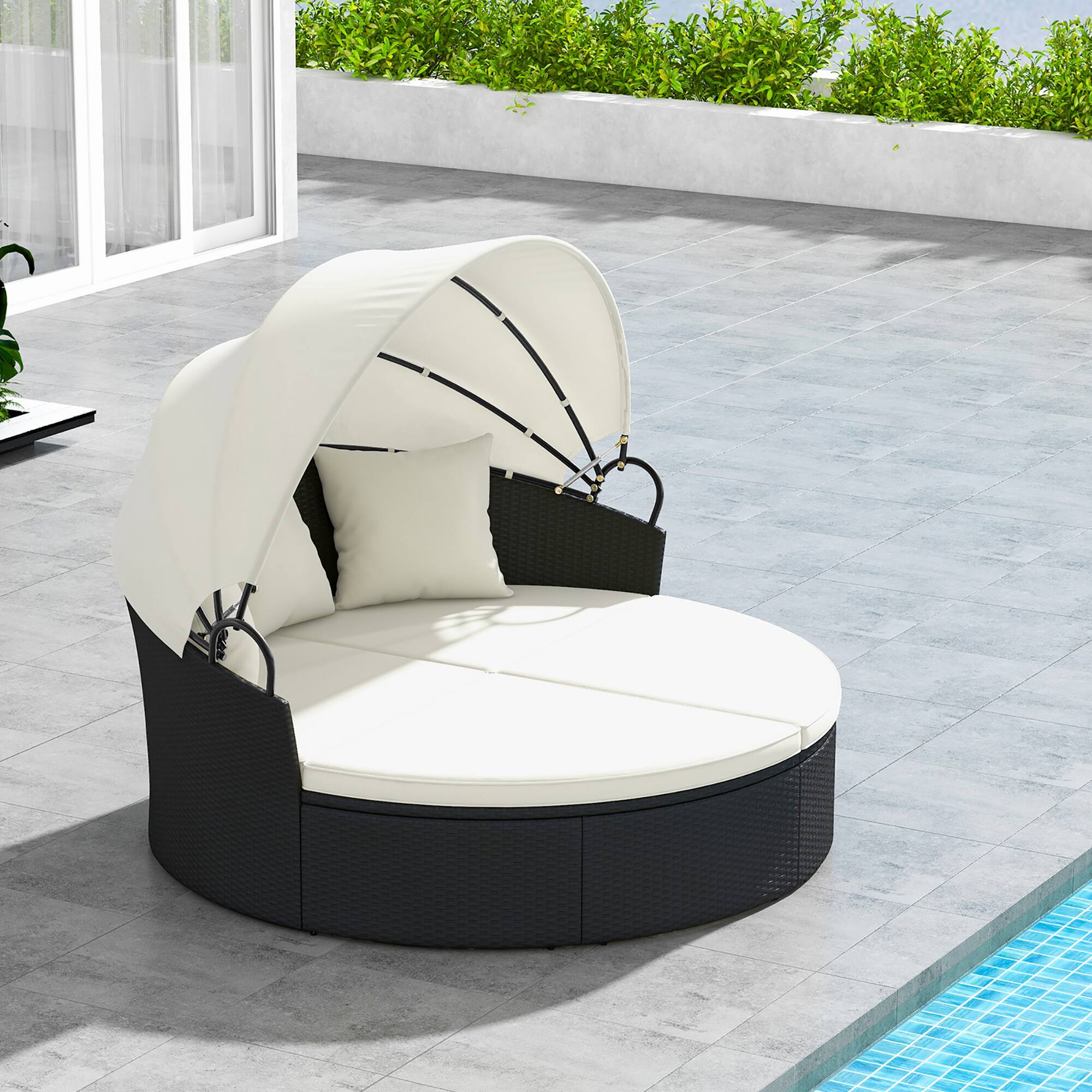 Front. Gymax - Gymax Patio Round Daybed Wicker Daybed w/ Retractable Canopy Separated Seating Sectional Sofa Black & White - Black, White.