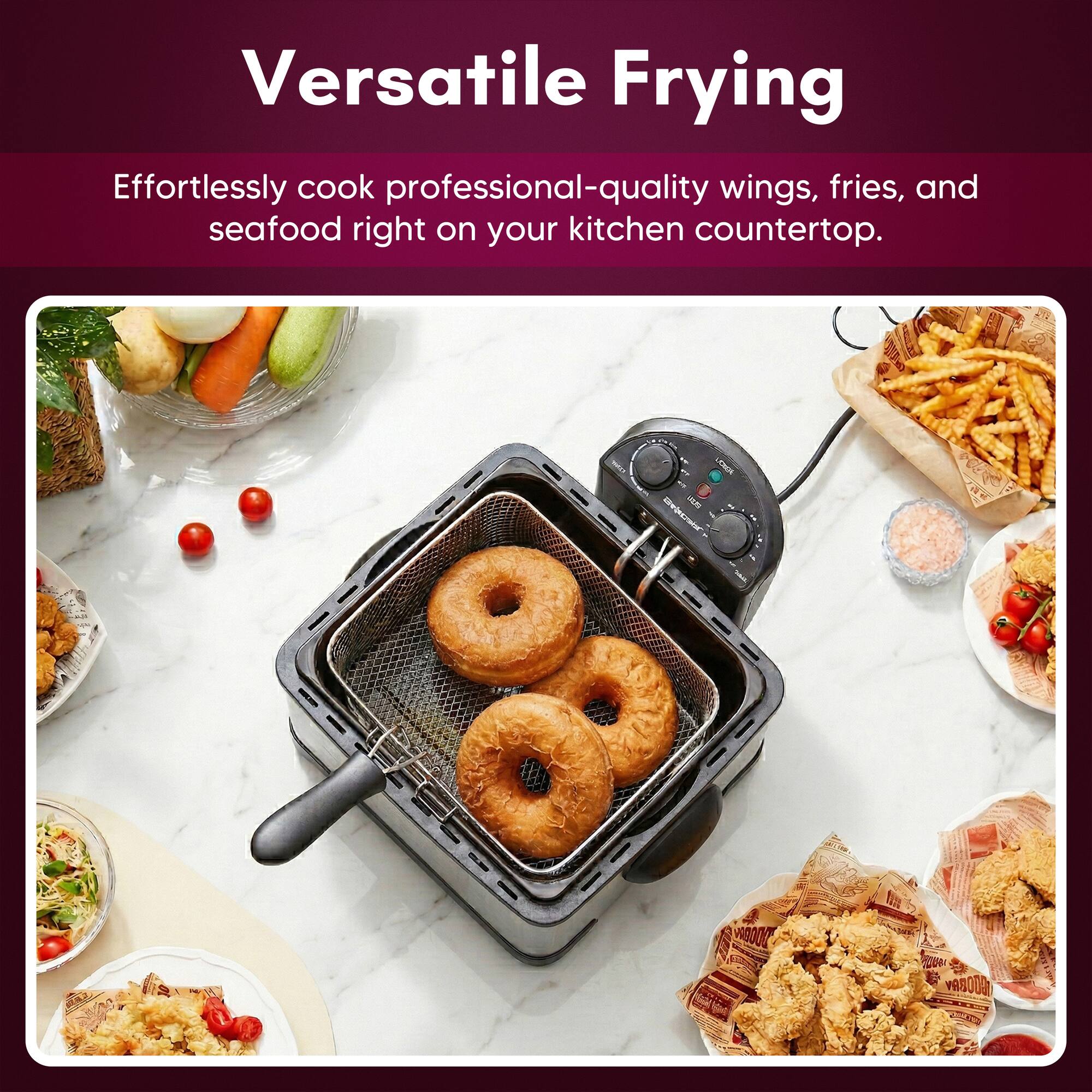Versatile Frying  
Effortlessly cook professional-quality wings, fries, and seafood right on your kitchen countertop.