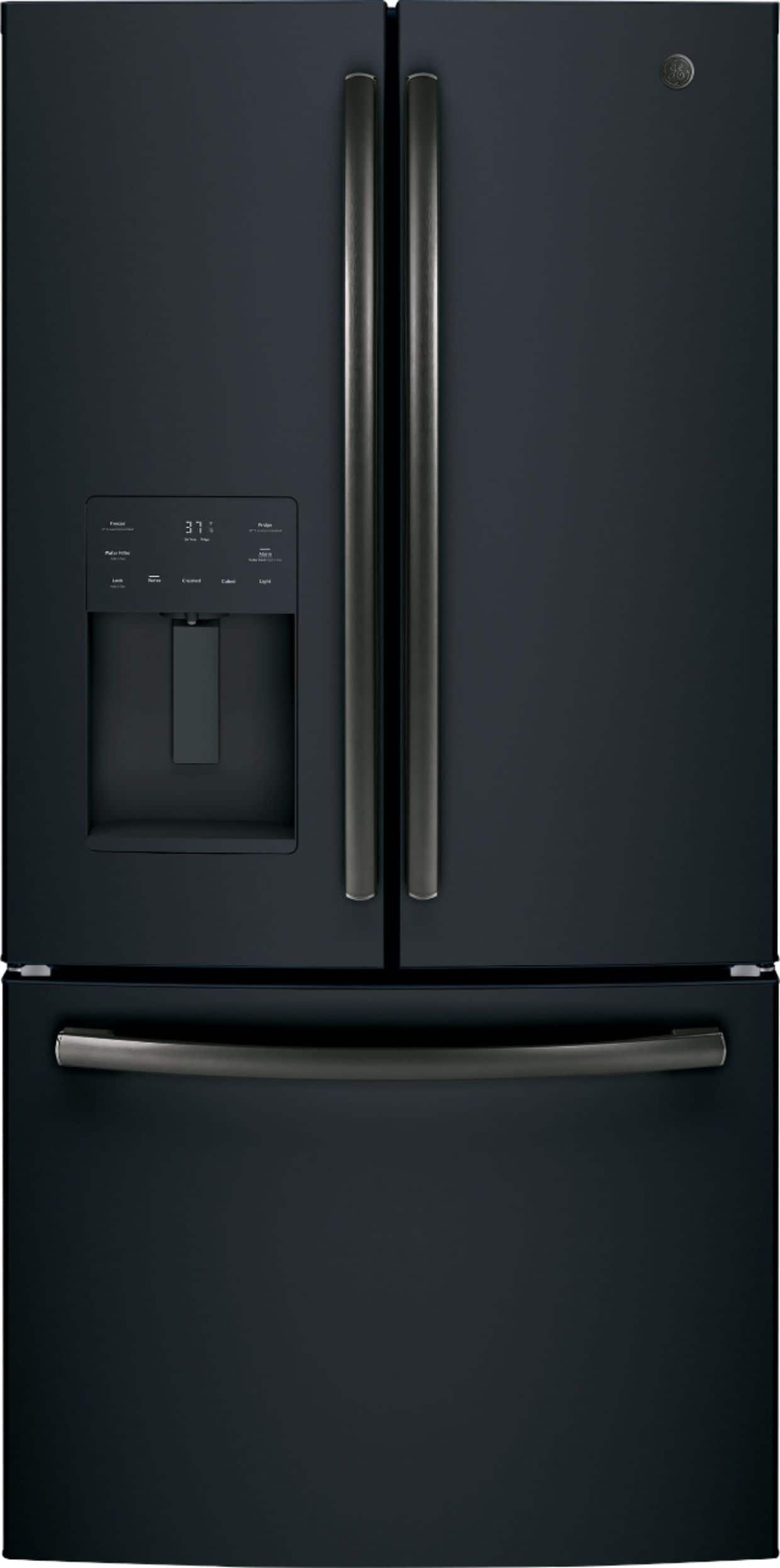 Front. GE - 25.6 Cu. Ft. French Door Refrigerator - Black Slate.