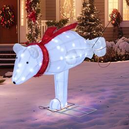 Gymax - 4.5 FT Lighted Skiing Polar Bear Light up Christmas Decoration w/ Red Scarf - White, Red