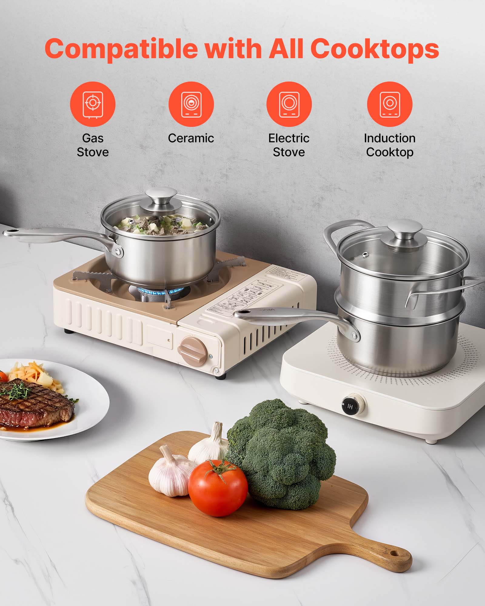 Compatible with All Cooktops

- Gas Stove
- Ceramic Stove
- Electric Stove
- Induction Cooktop